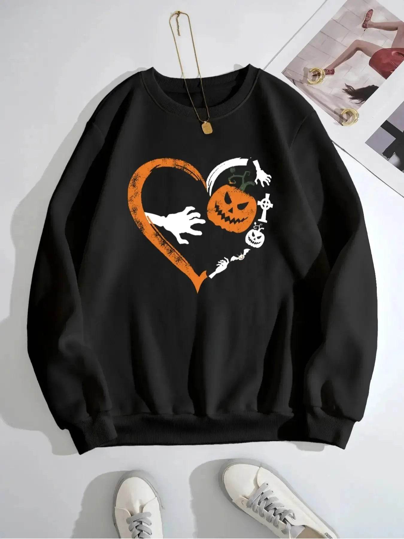 Halloween Heart Pumpkin Round Neck Sweatshirt - ELY VESSA LLC