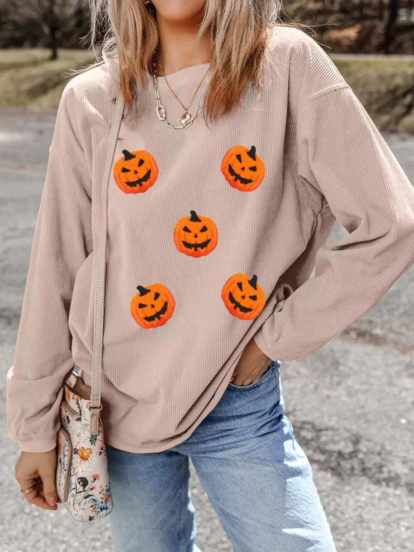 Halloween Pumpkin Drop Shoulder Sweatshirt - ELY VESSA LLC