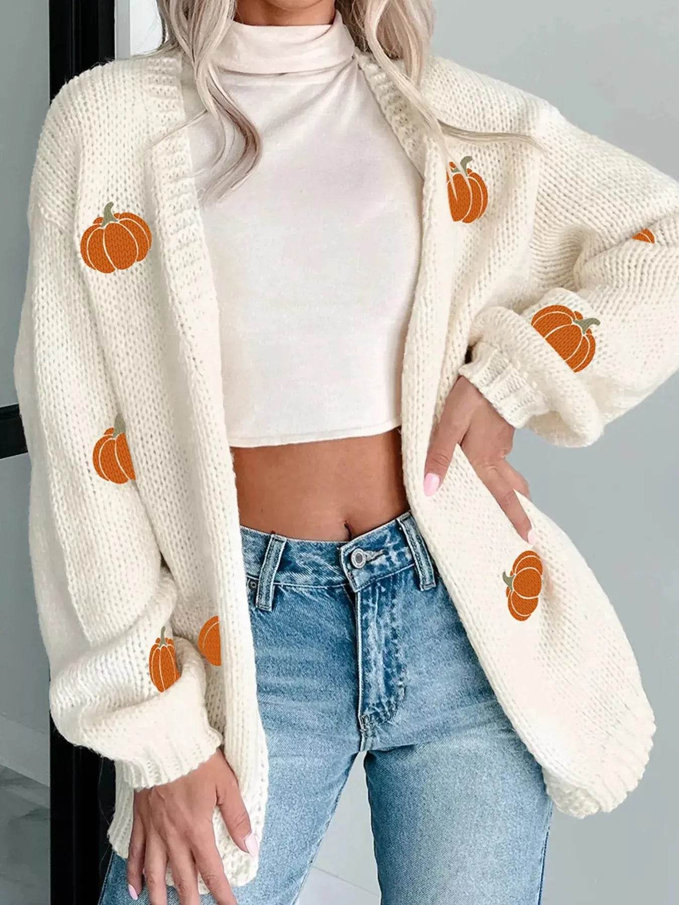 Halloween Pumpkin Embroidered Knit Cardigan - ELY VESSA LLC