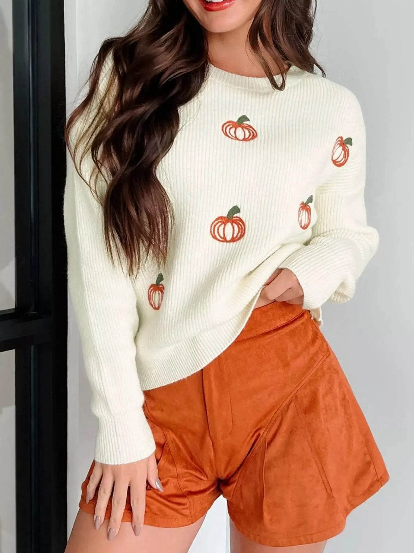 Halloween Pumpkin Embroidered Round Neck Long Sleeve Sweater - ELY VESSA LLC