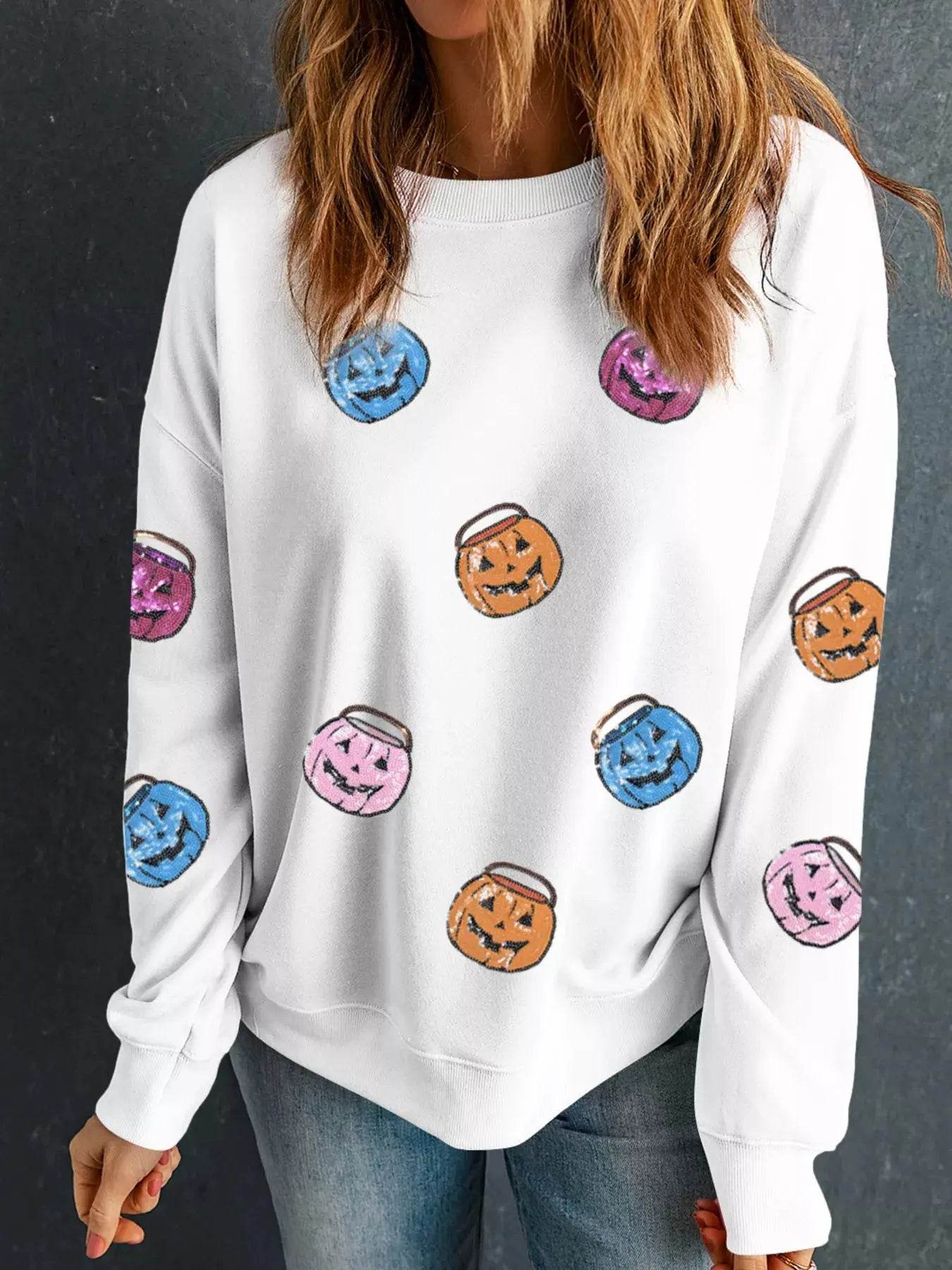 Halloween Pumpkin Lantern Sequin Patched Sweatshirt - ELY VESSA LLC