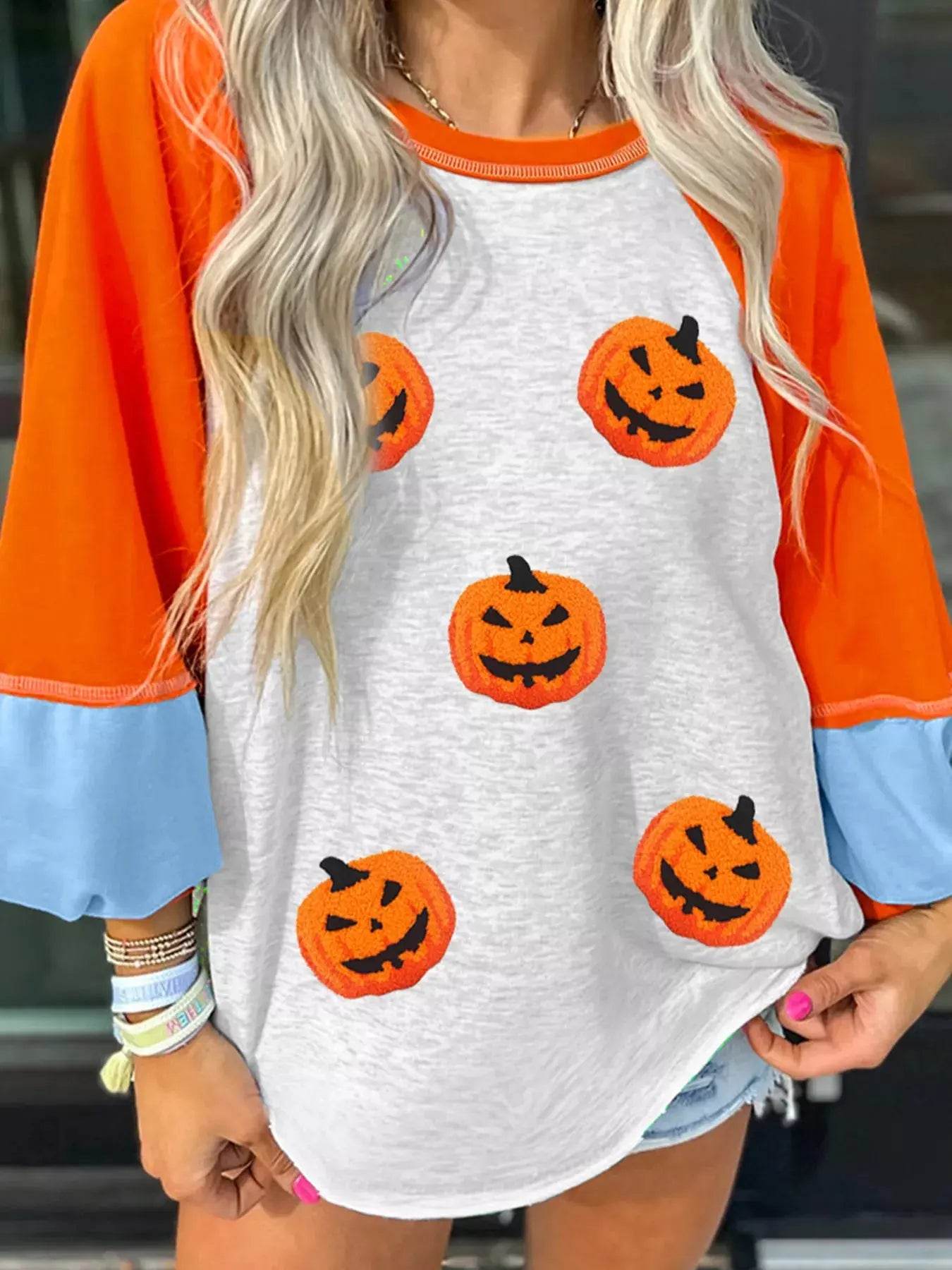 Halloween Pumpkin Print Long Sleeve T-Shirt - ELY VESSA LLC