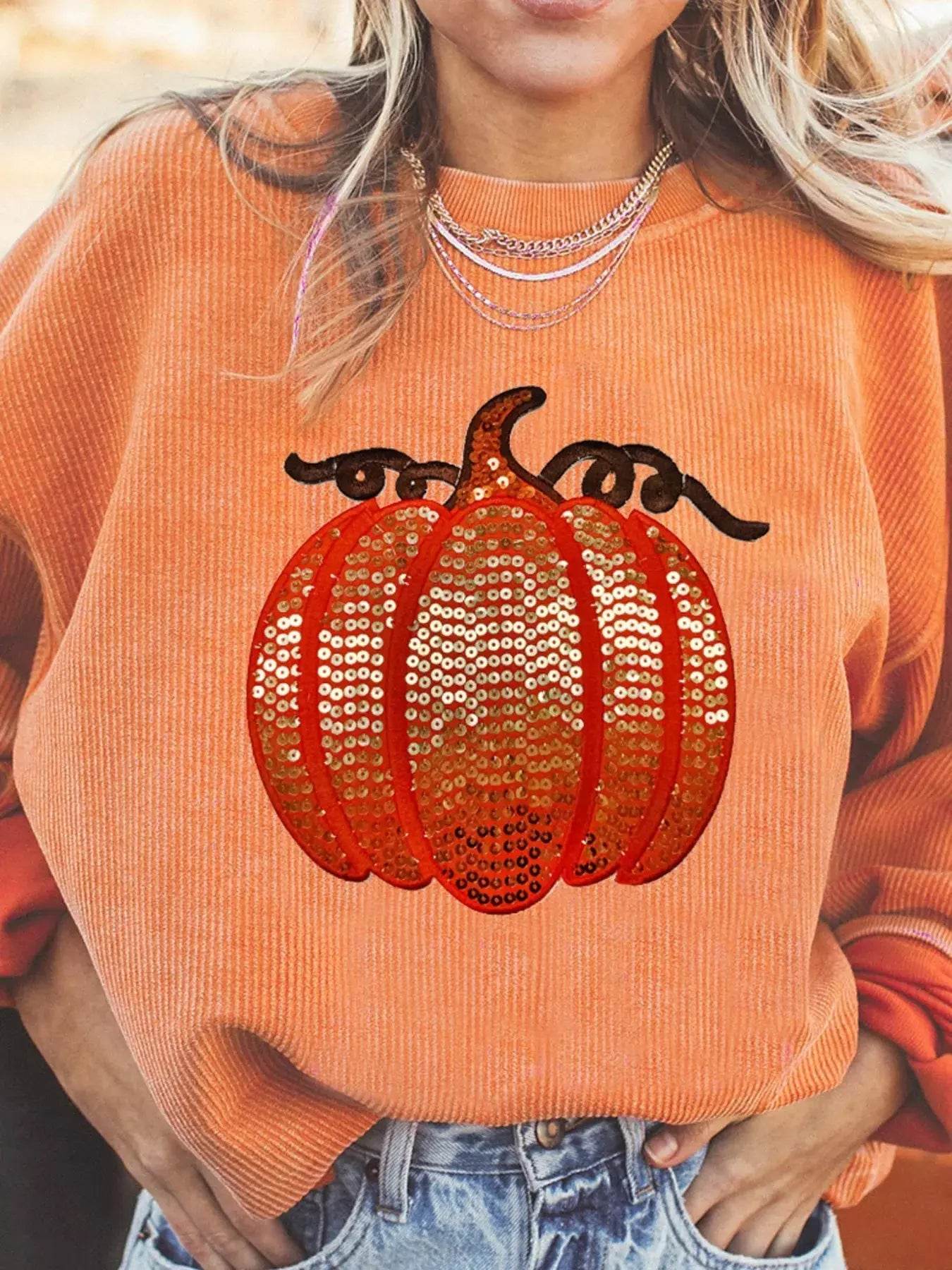 Halloween Sequined Pumpkin Ribbed Round Neck Sweatshirt - ELY VESSA LLC
