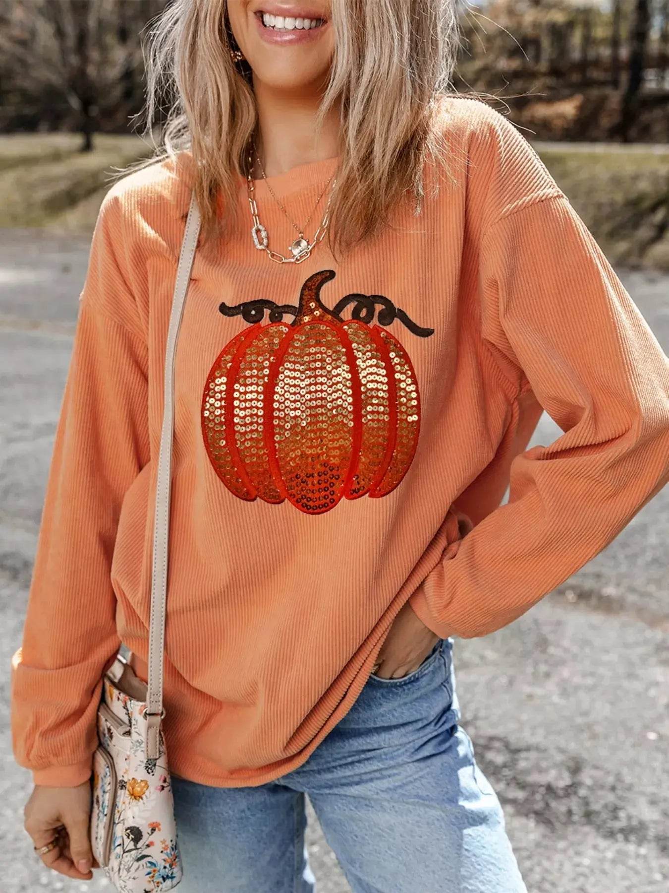 Halloween Sequined Pumpkin Ribbed Round Neck Sweatshirt - ELY VESSA LLC