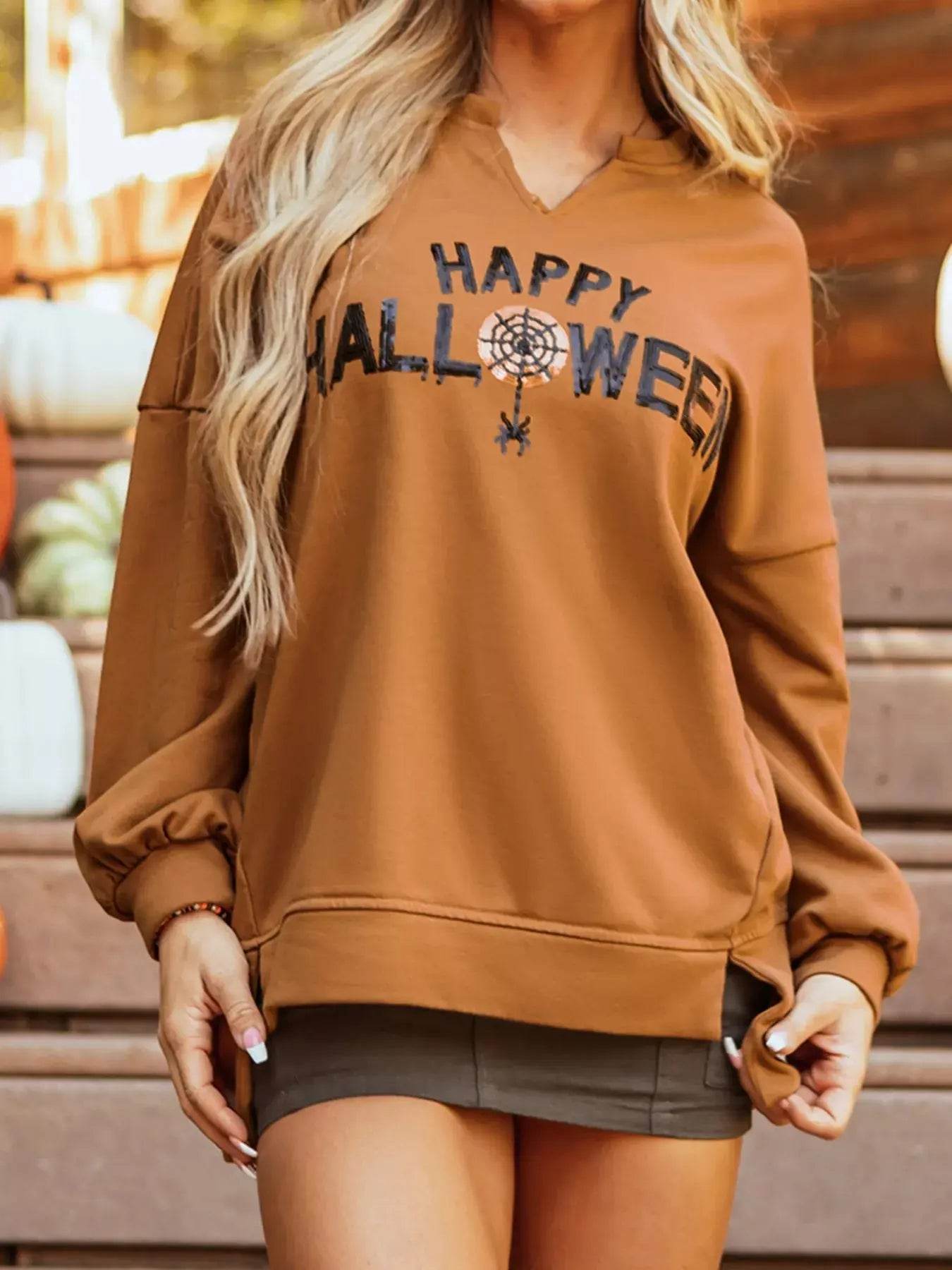 Happy Halloween Graphic Notched Long Sleeve Loose Top - ELY VESSA LLC