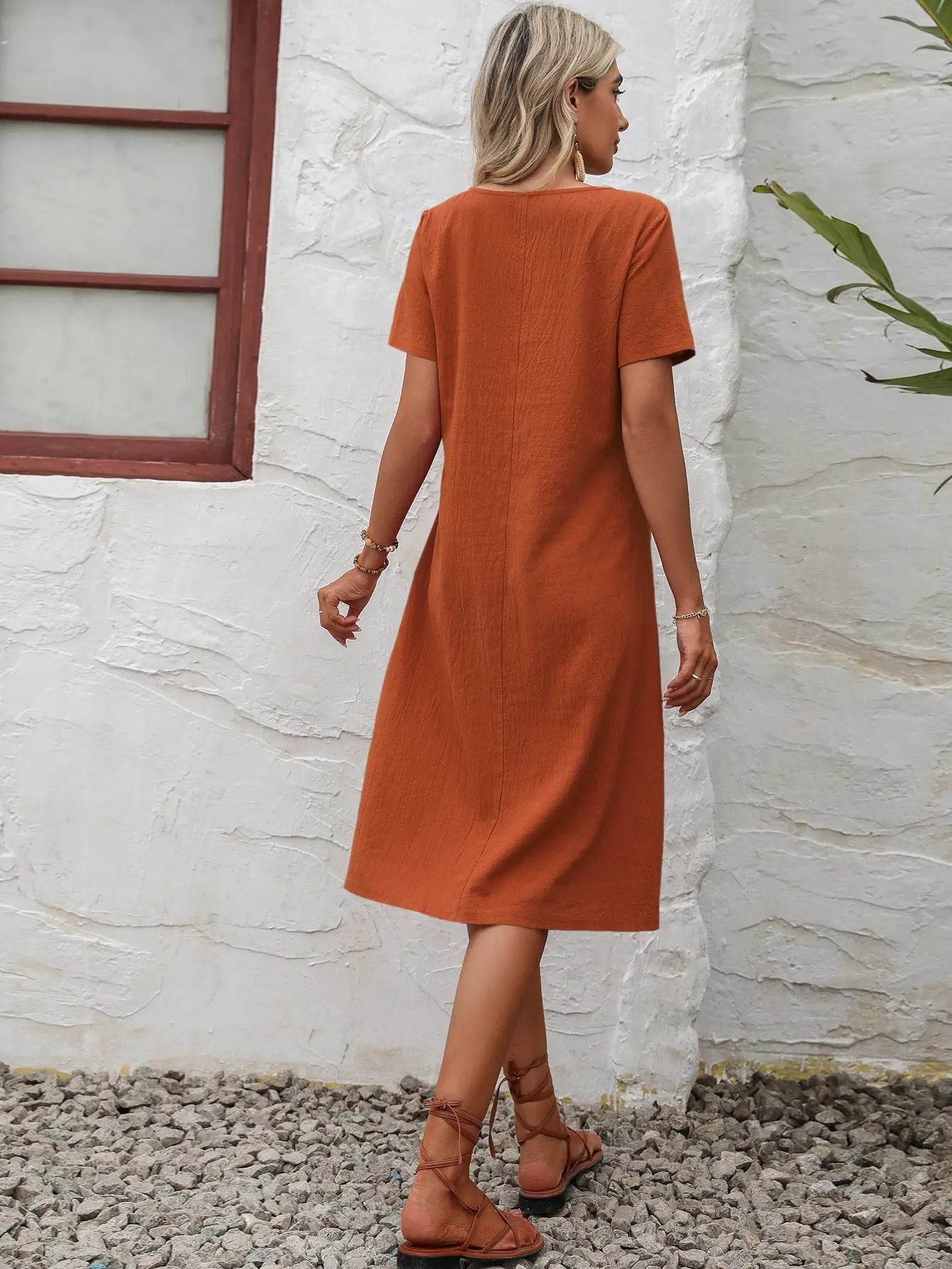 Ivy Lane Round Neck Short Sleeve Dress with Pockets - ELY VESSA LLC