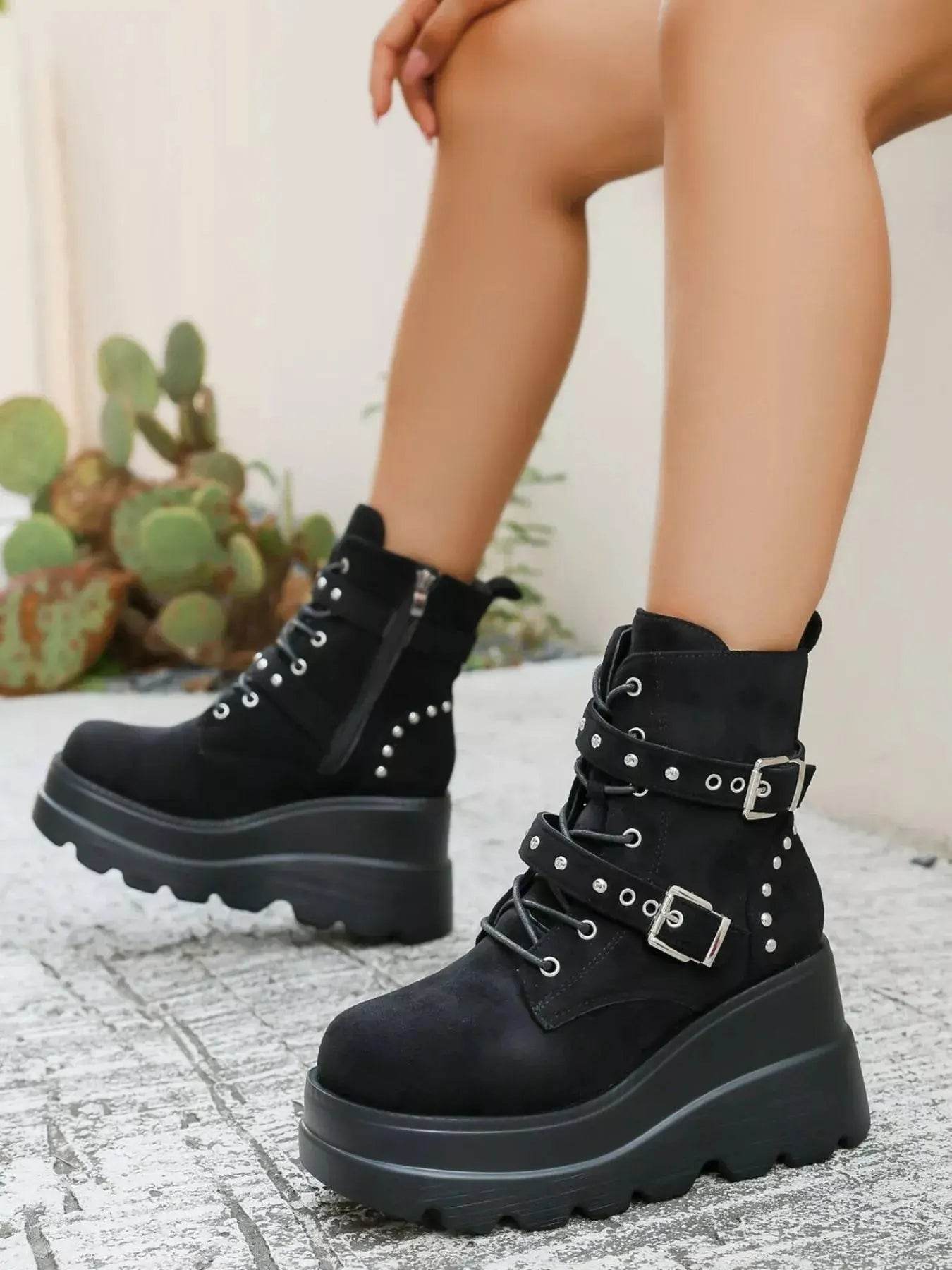 Lace Up Platform Wedge Boots - ELY VESSA LLC