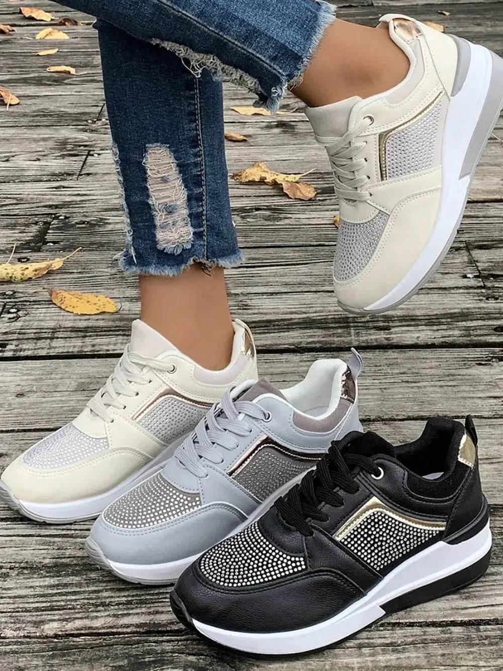 Lace-Up Rhinestone Wedge Sneakers - ELY VESSA LLC