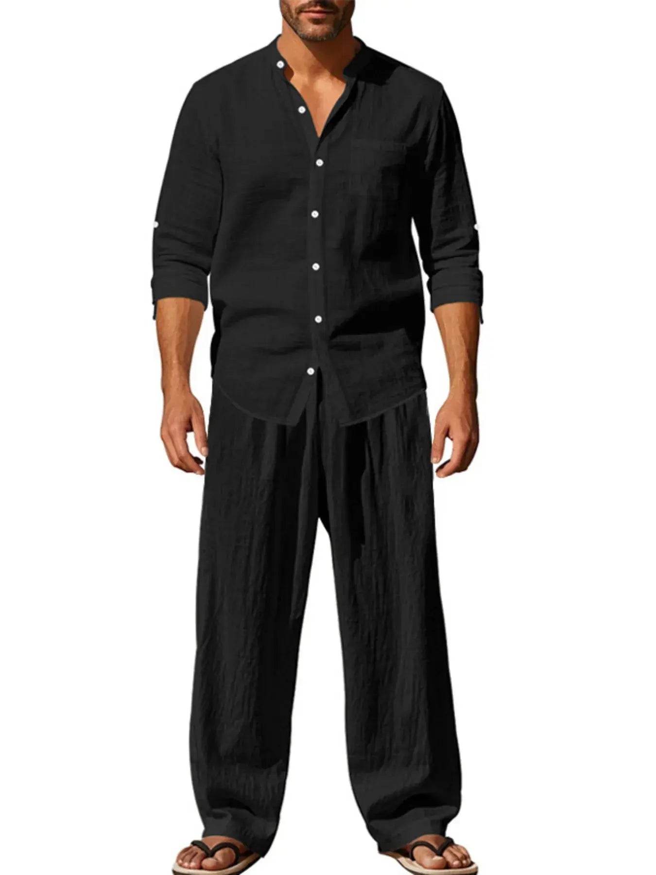 Men's Full Size Button Up Shirt and Pants Set Plus Size - ELY VESSA LLC