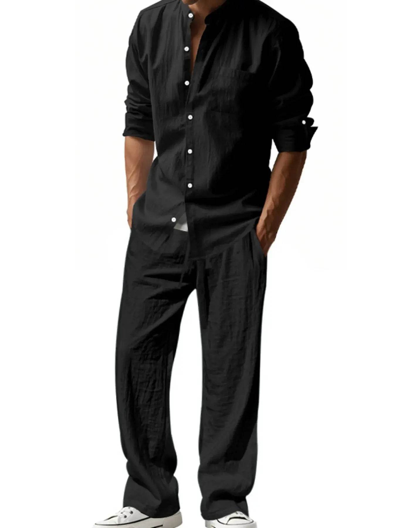 Men's Full Size Button Up Shirt and Pants Set Plus Size - ELY VESSA LLC