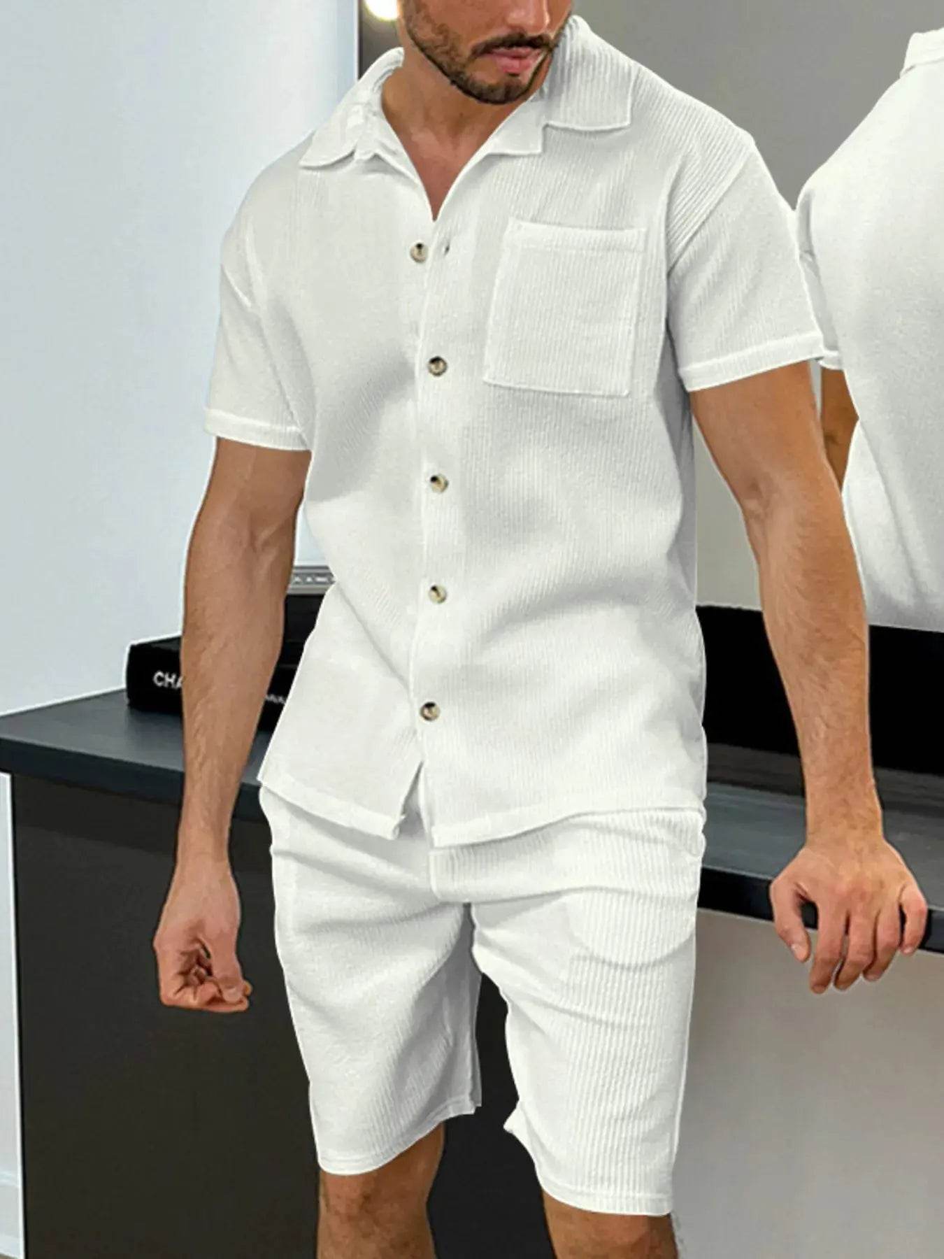 Men's Full Size Button Up Top and Shorts Set Plus Size - ELY VESSA LLC