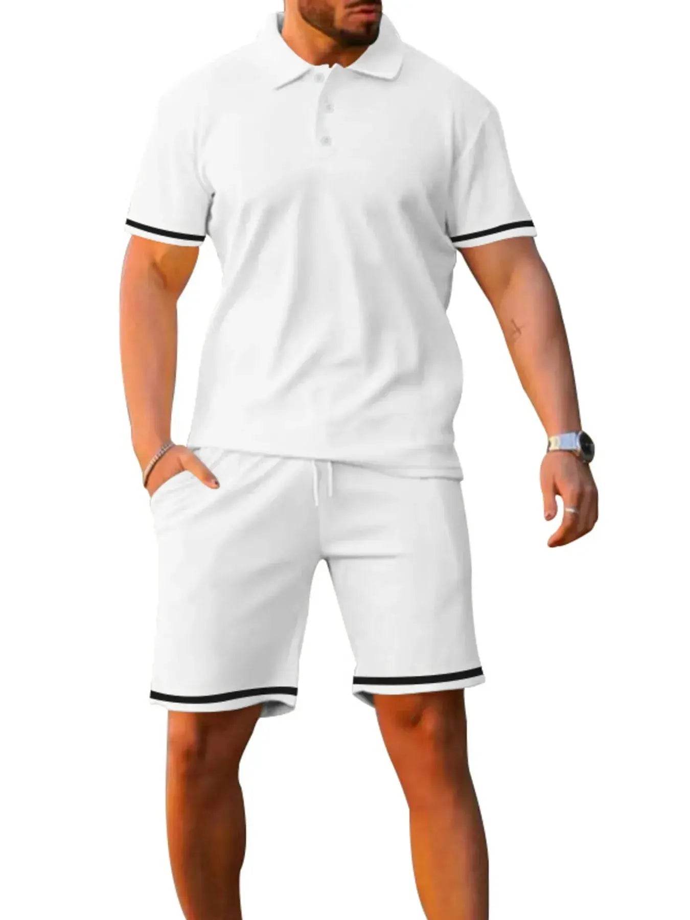 Men's white polo shirt and shorts set with black contrast trim.