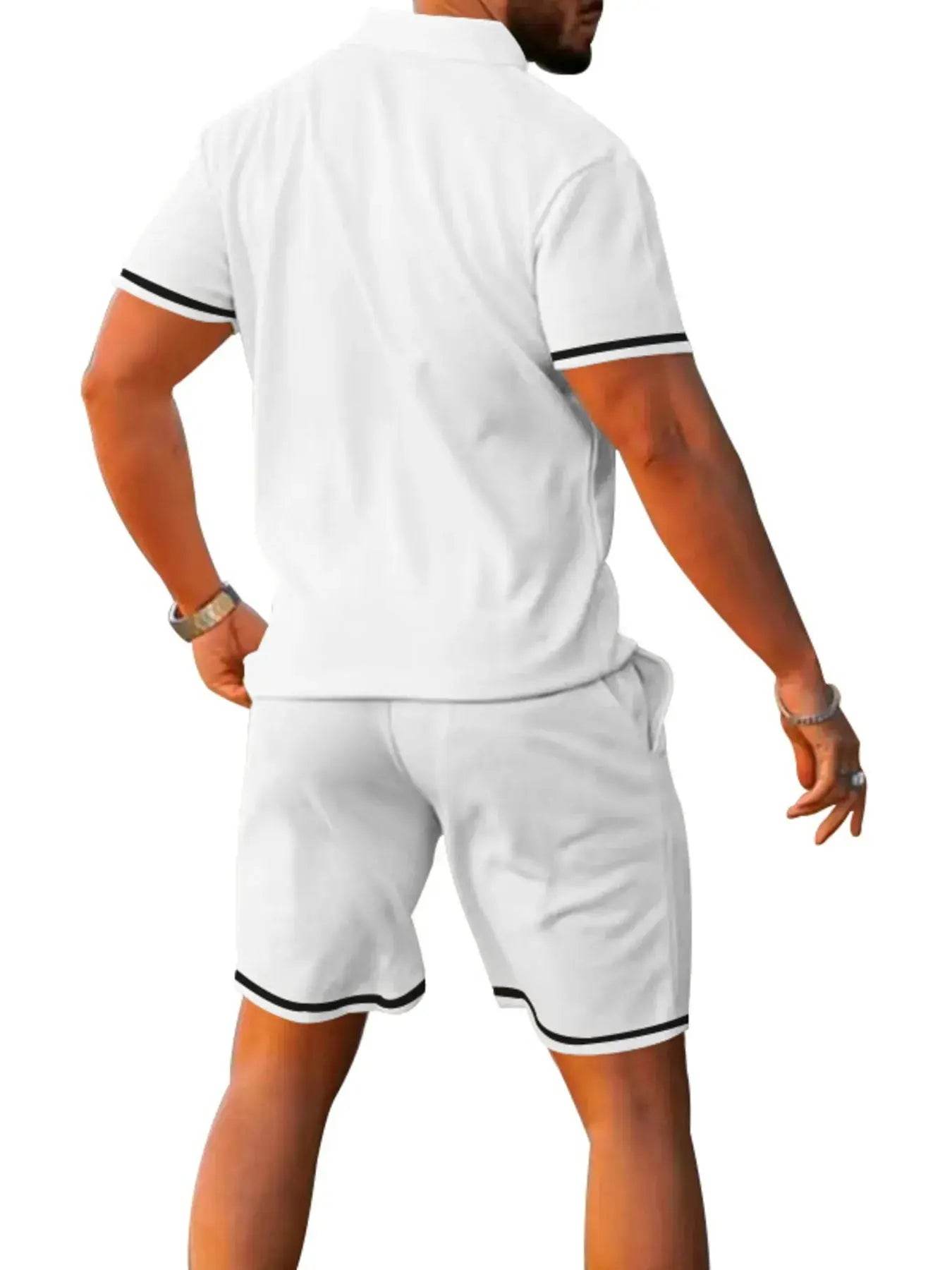 Men's white polo and shorts set with black contrast trim.