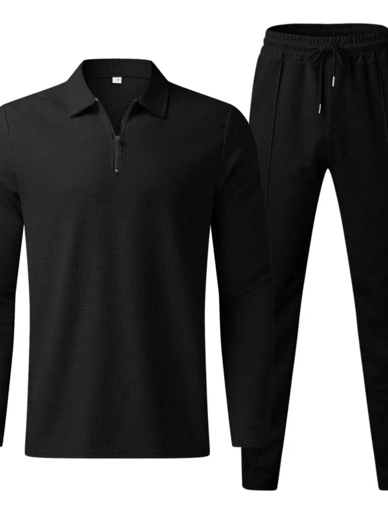 Black men's long-sleeve collared shirt with a zipper and matching drawstring sweatpants.