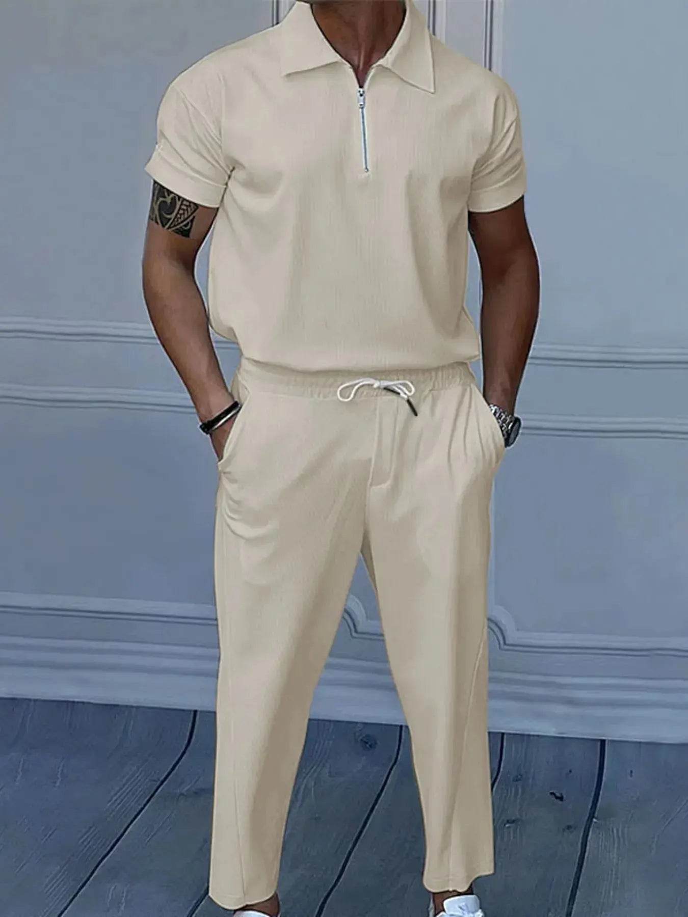 Men's Full Size Quarter Zip Short Sleeve Polo and Pants Set Plus Size - ELY VESSA LLC