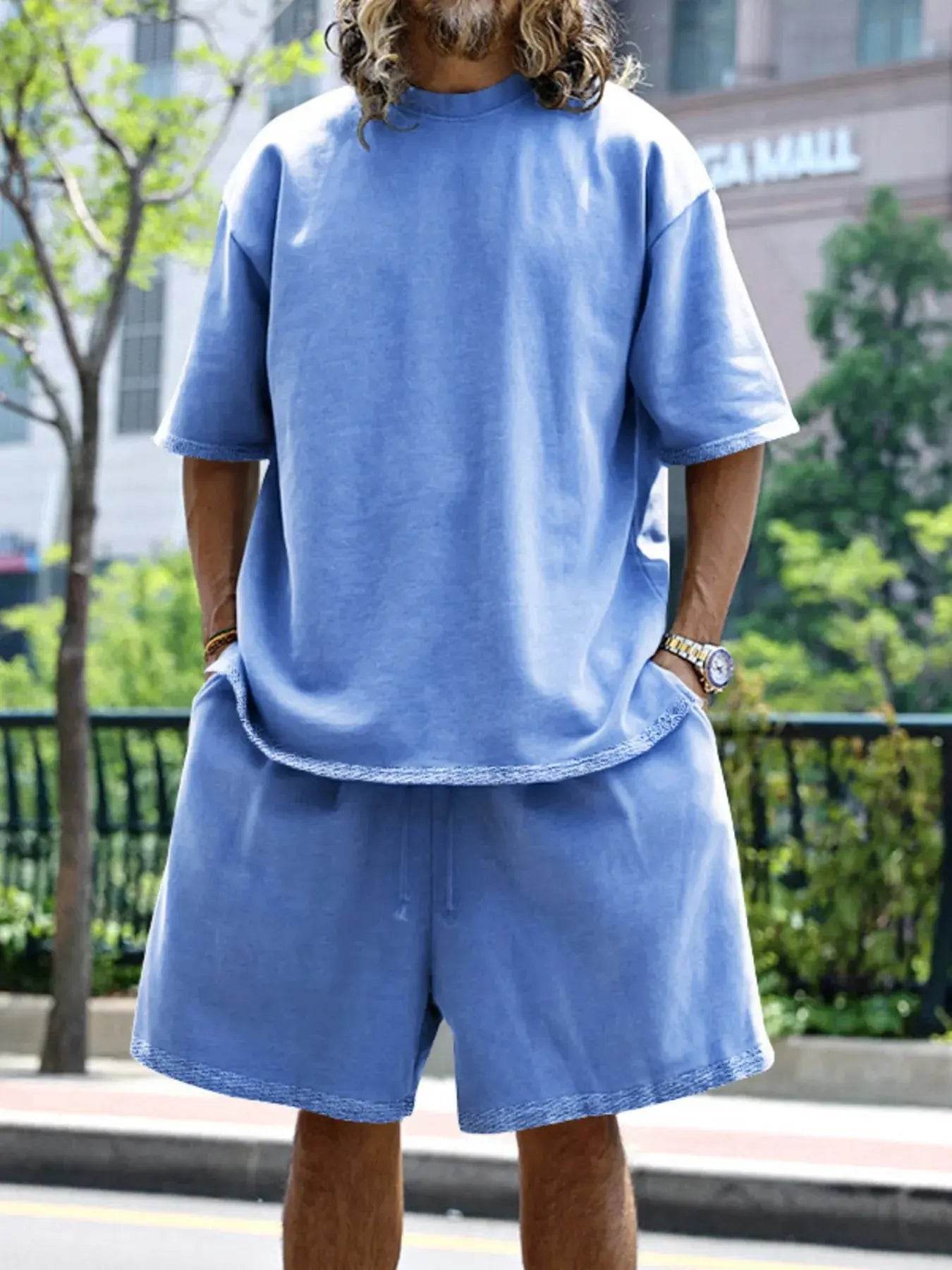 Men's Full Size Round Neck Short Sleeve Top and Shorts Set Plus Size - ELY VESSA LLC