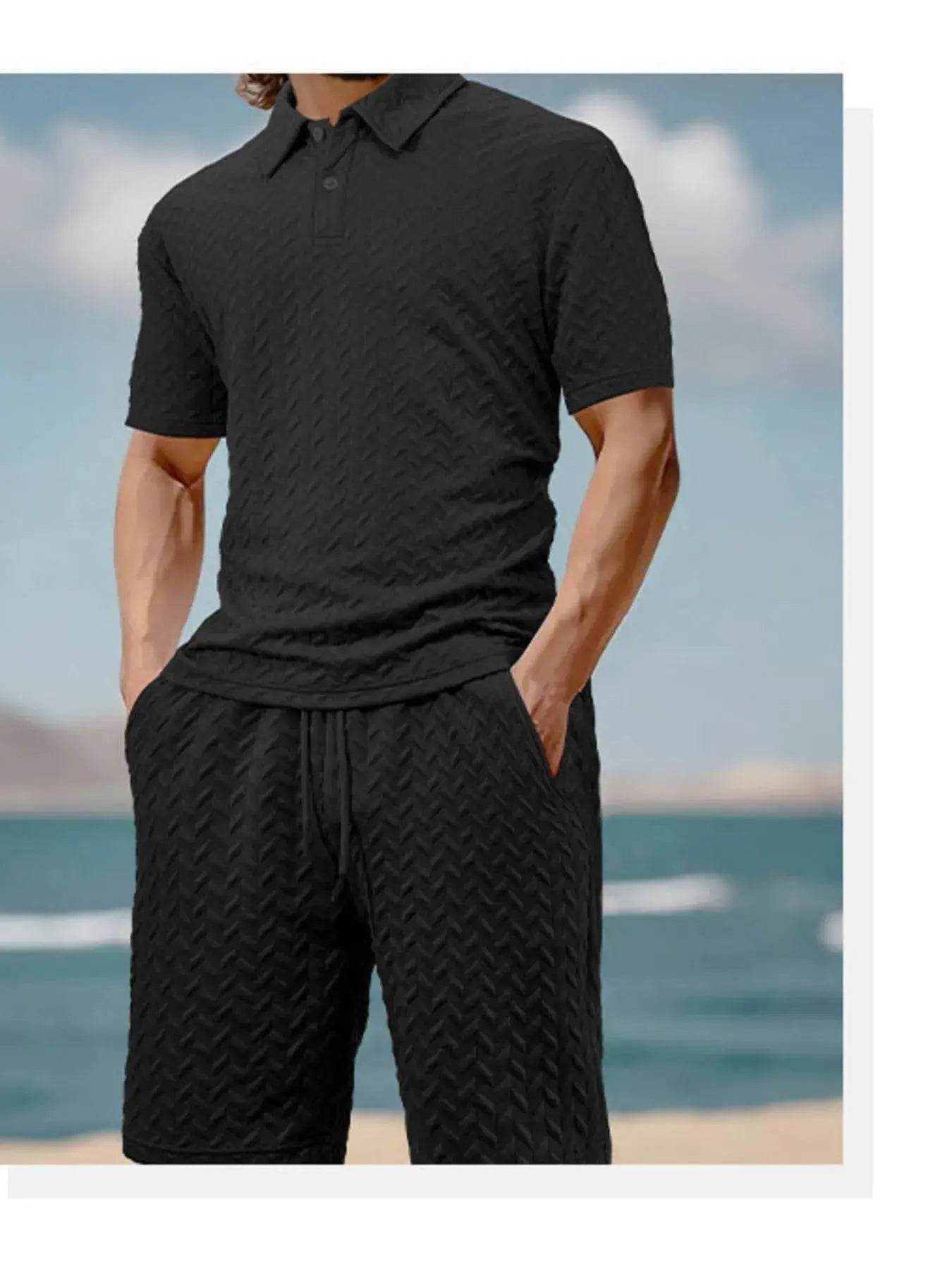 Men's black textured polo shirt and shorts set.