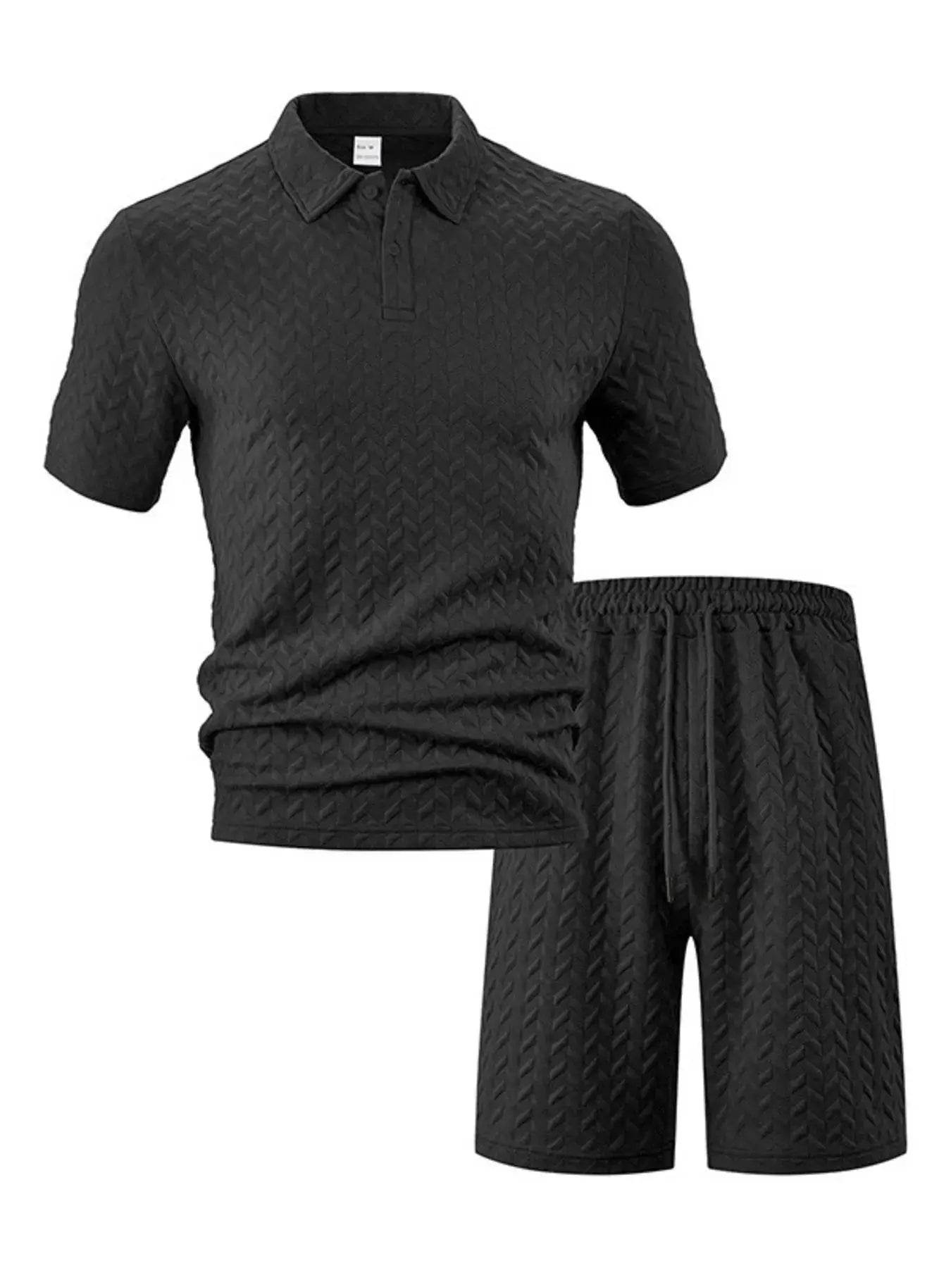 Men's black textured polo shirt and matching shorts set.