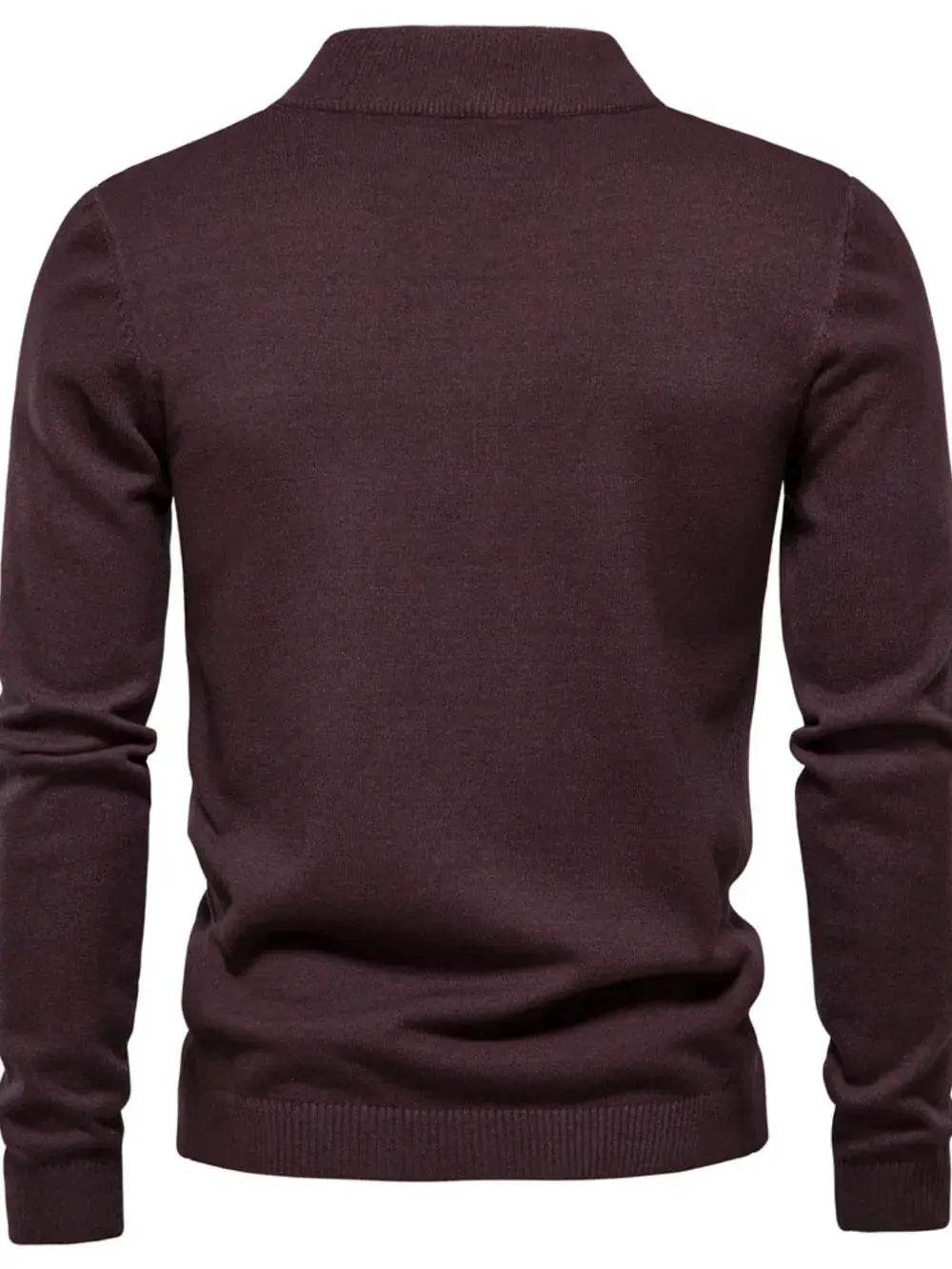 A men's mock neck long sleeve sweater in a deep burgundy color.