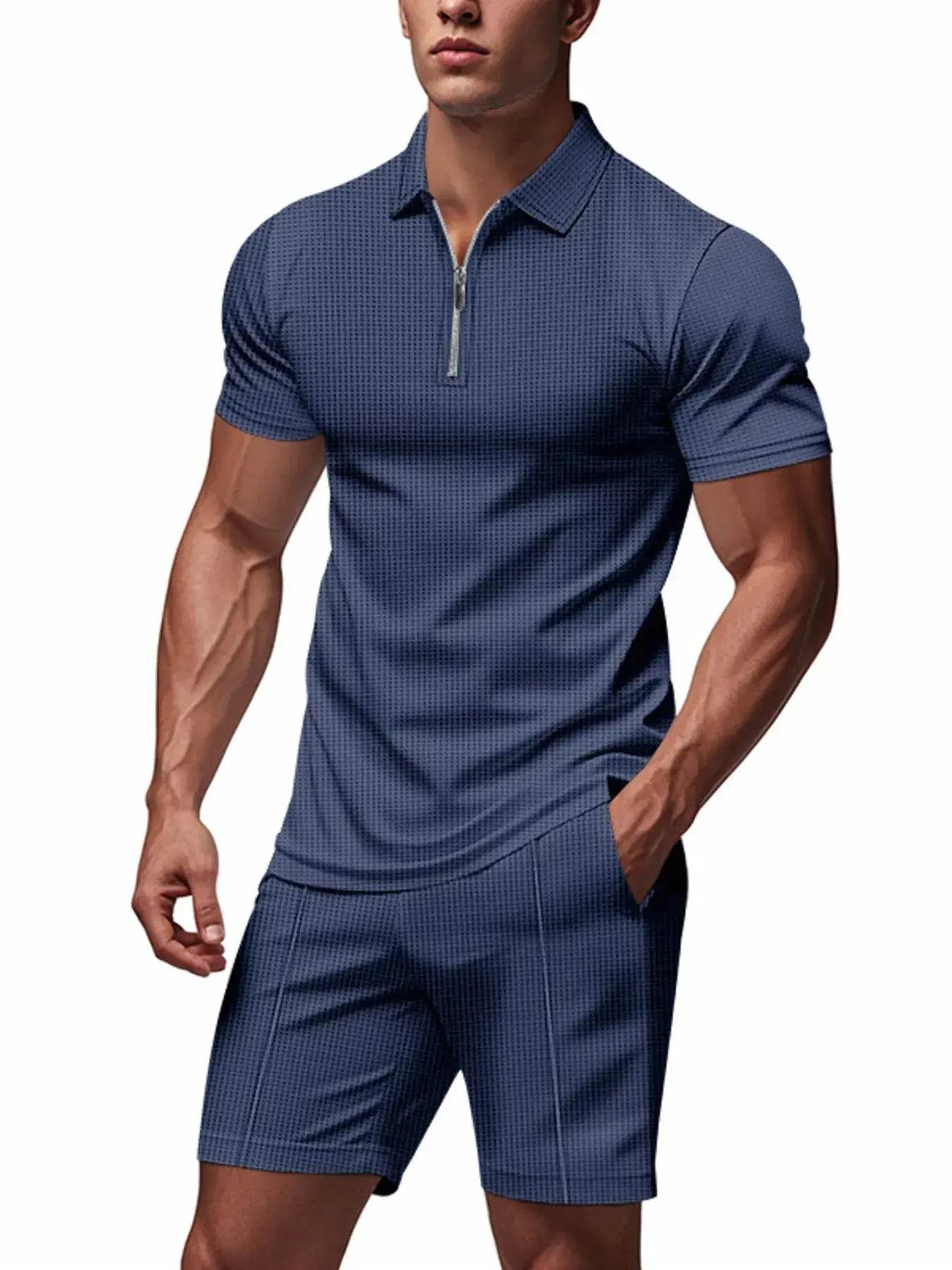 Men's Plus Size Quarter Zip Short Sleeve Top and Shorts Set - ELY VESSA LLC