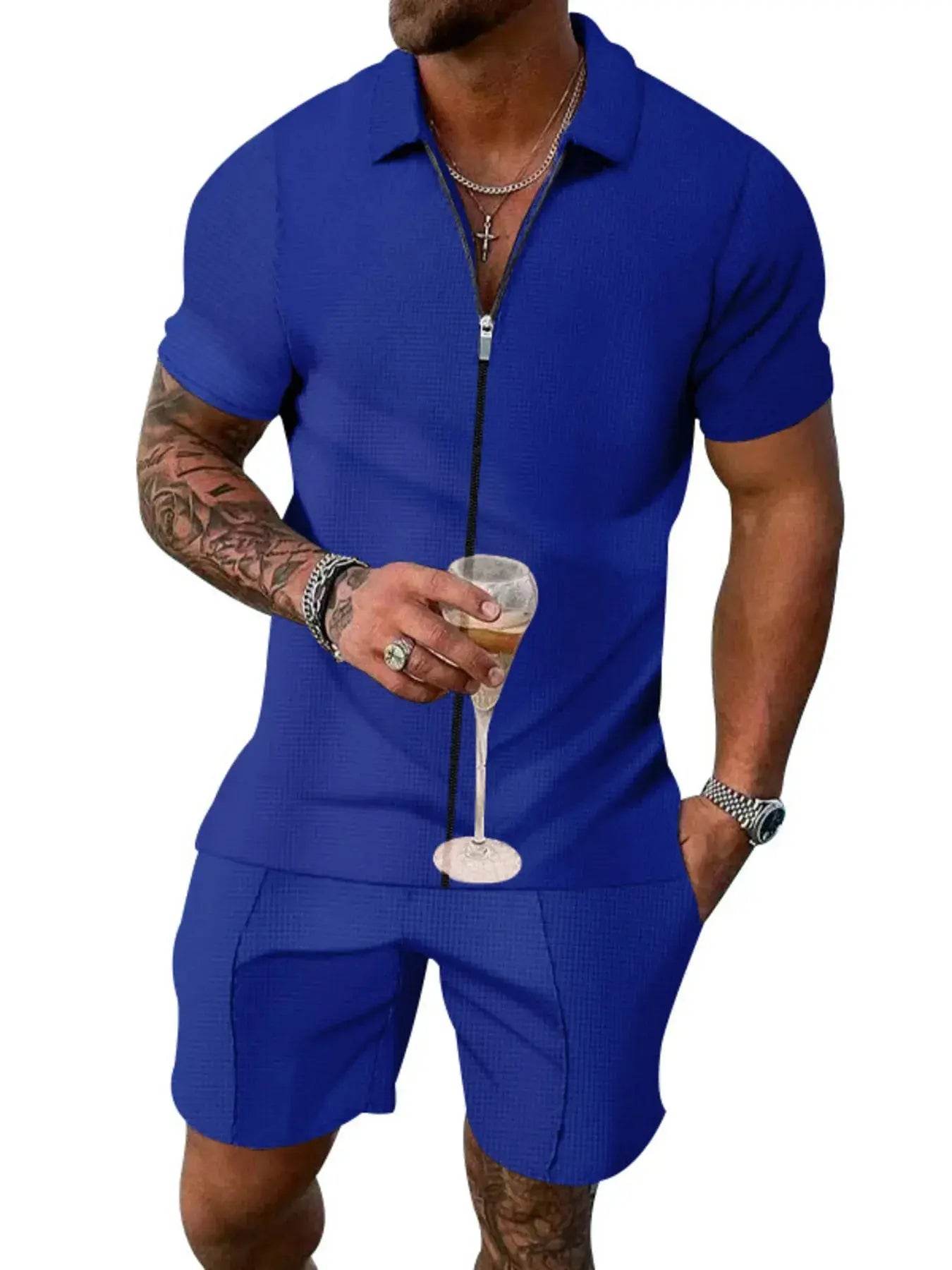 Men's Plus Size Zip Up Short Sleeve Top and Shorts Set - ELY VESSA LLC