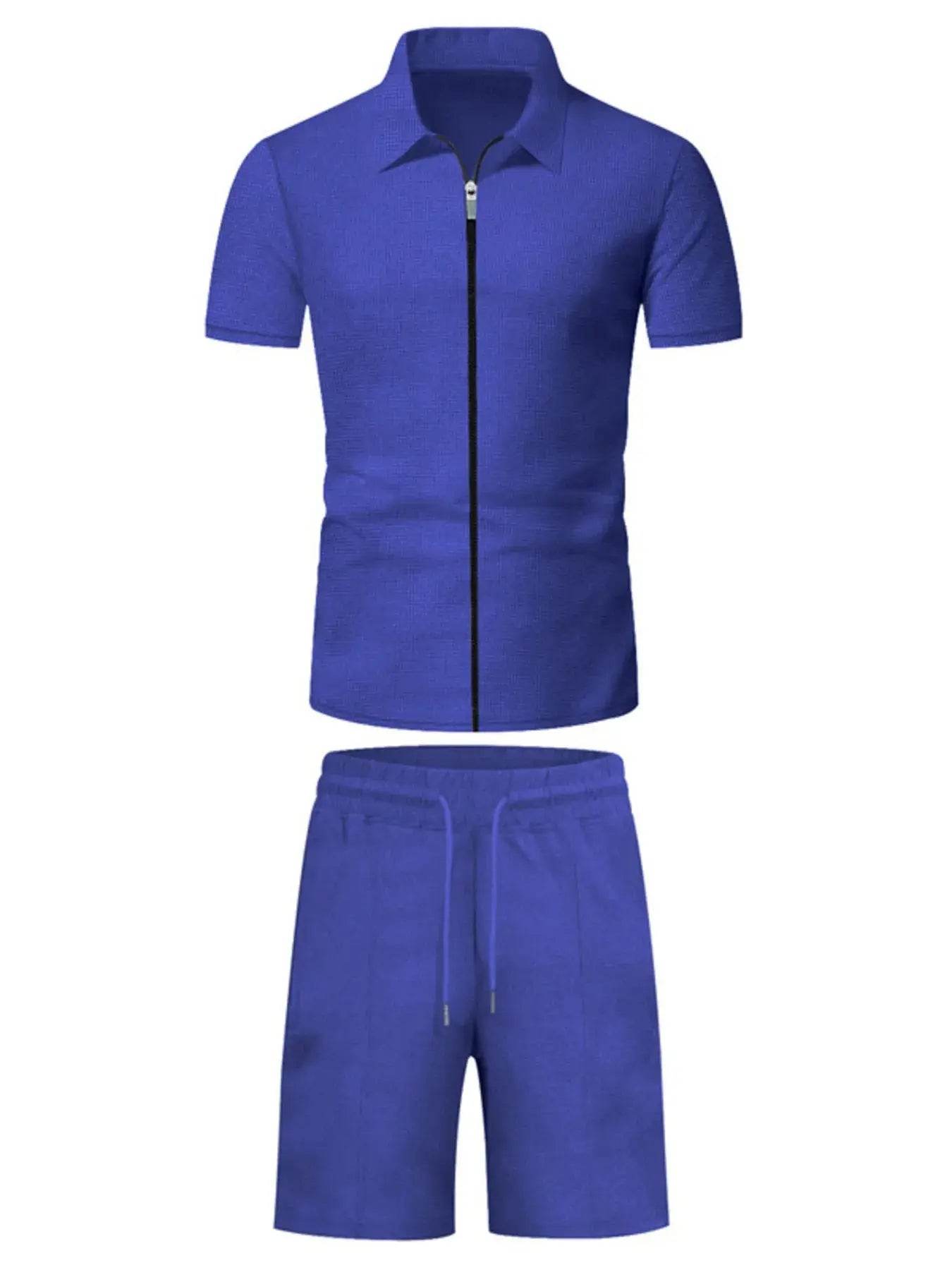 Men's Plus Size Zip Up Short Sleeve Top and Shorts Set - ELY VESSA LLC