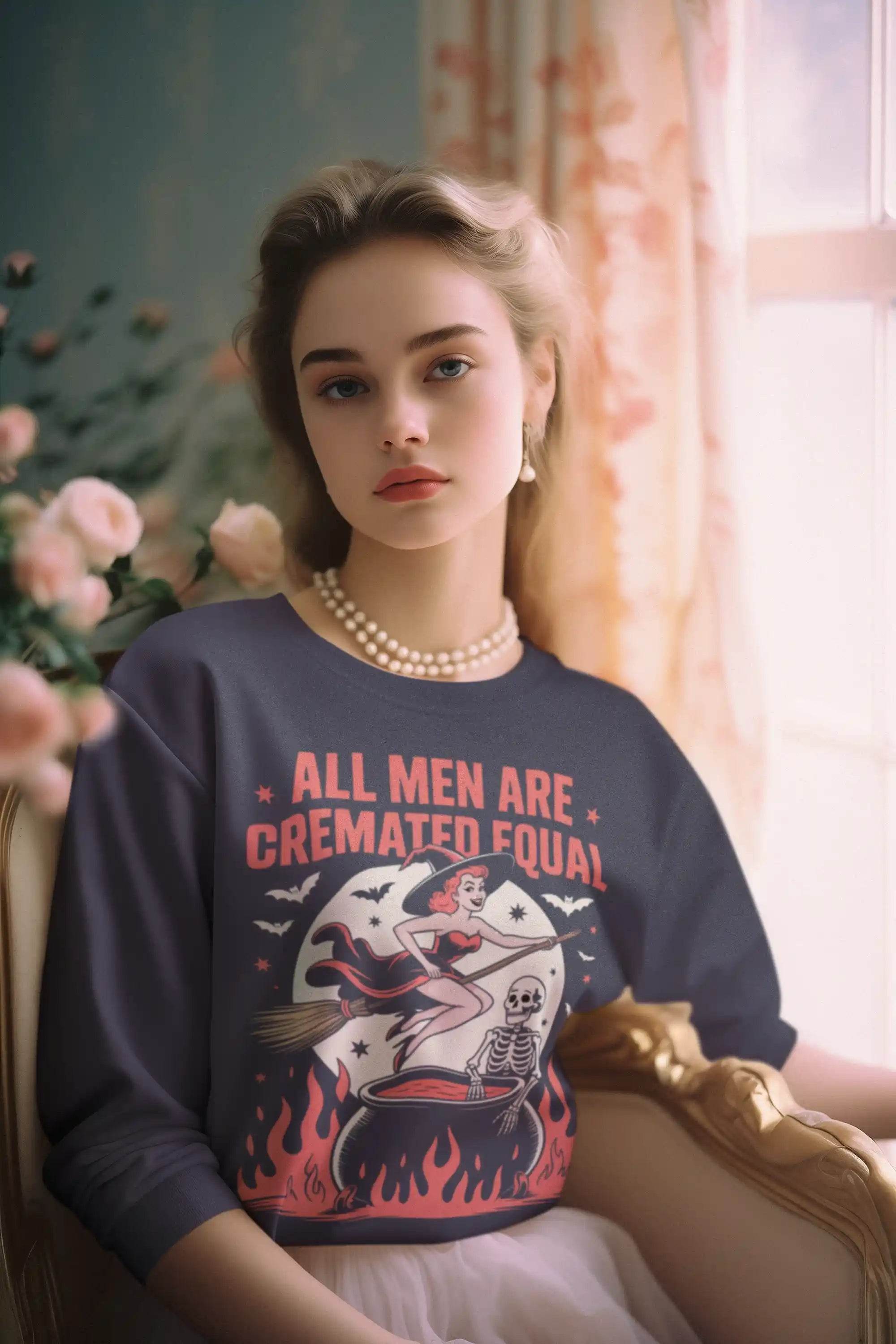 All Men Are Cremated Equal – Funny Witch Halloween Bella+Canvas 3501 Long Sleeve Tee | Unisex Sizes S–3XL - ELY VESSA LLC