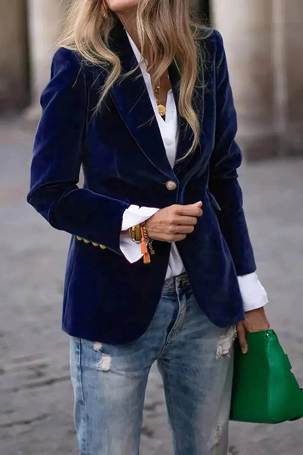 One Button Lapel Collar Long Sleeve Blazer - ELY VESSA LLC