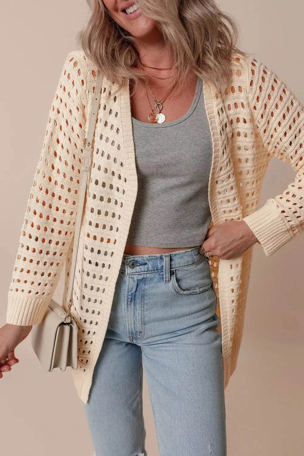 Openwork Open Front Cardigan - ELY VESSA LLC