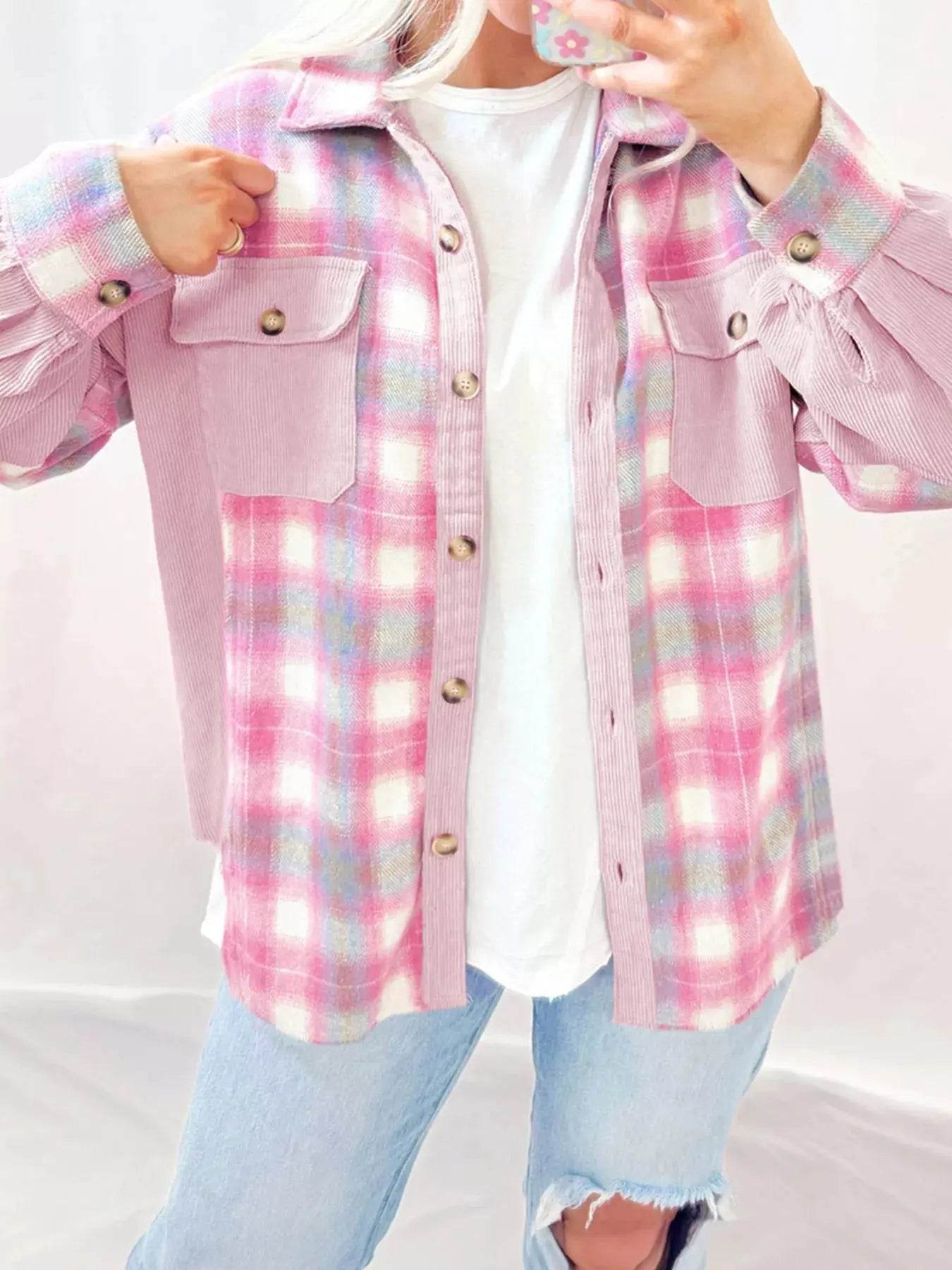 Pink plaid button-up shacket jacket with corduroy accents and pockets.