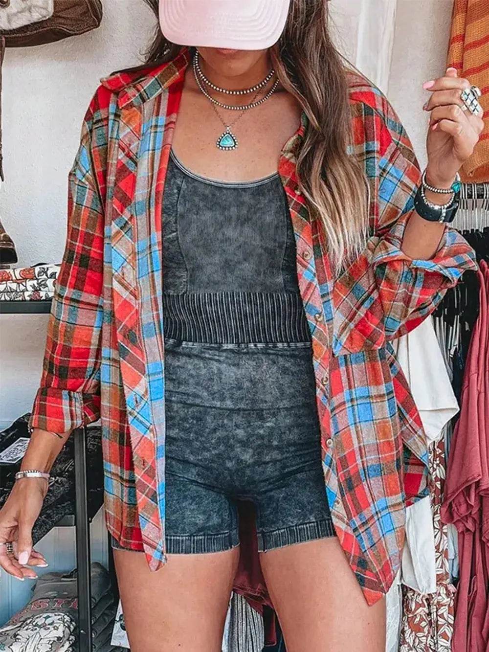 Plaid Collared Neck Long Sleeve Shirt - ELY VESSA LLC