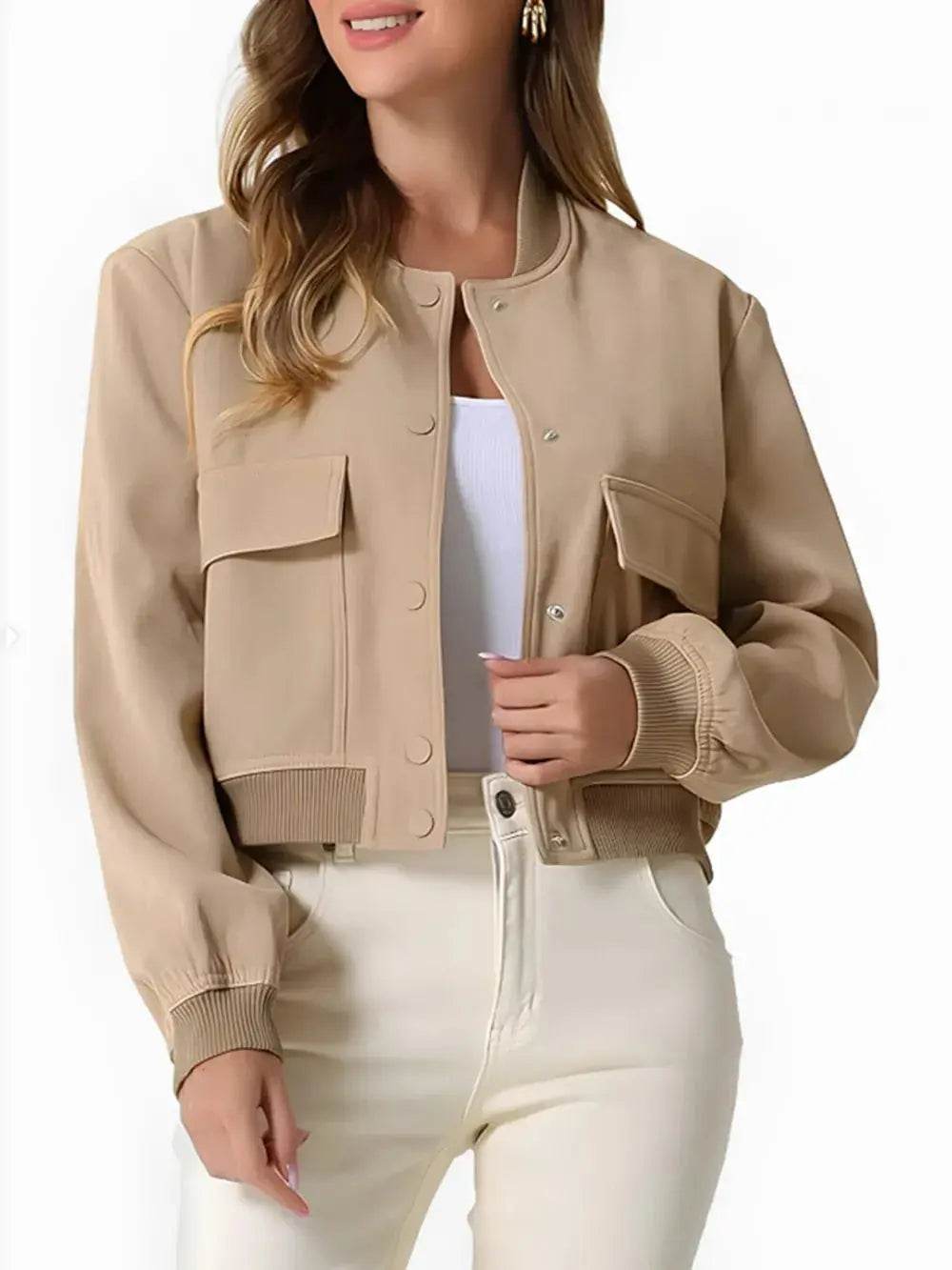 Pocketed Snap Down Baseball Collar Jacket - ELY VESSA LLC