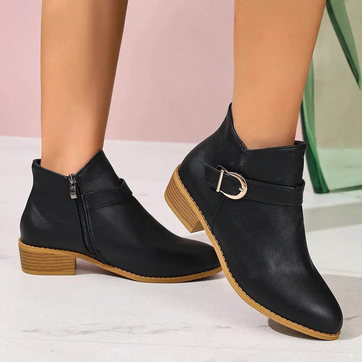 Point Toe Block Heels Boots - ELY VESSA LLC