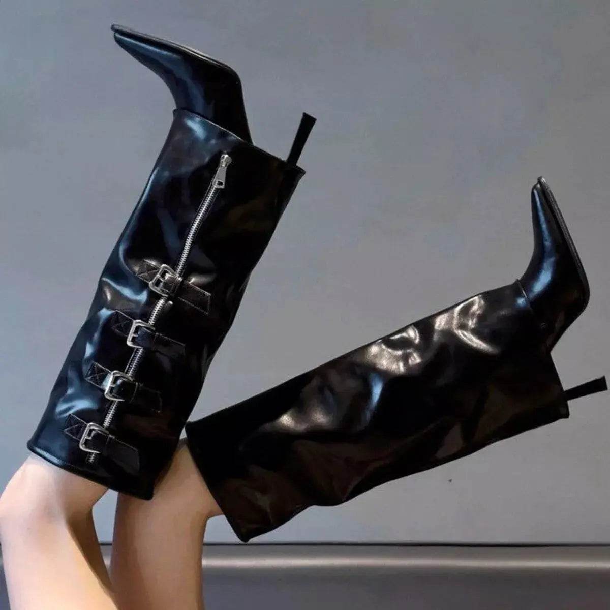 Point Toe Buckle Stiletto Boots - ELY VESSA LLC