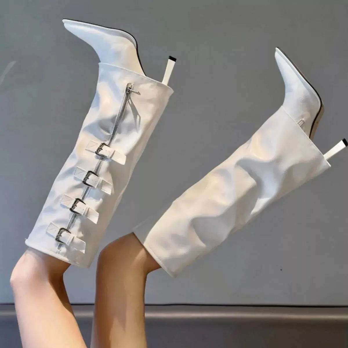 Point Toe Buckle Stiletto Boots - ELY VESSA LLC