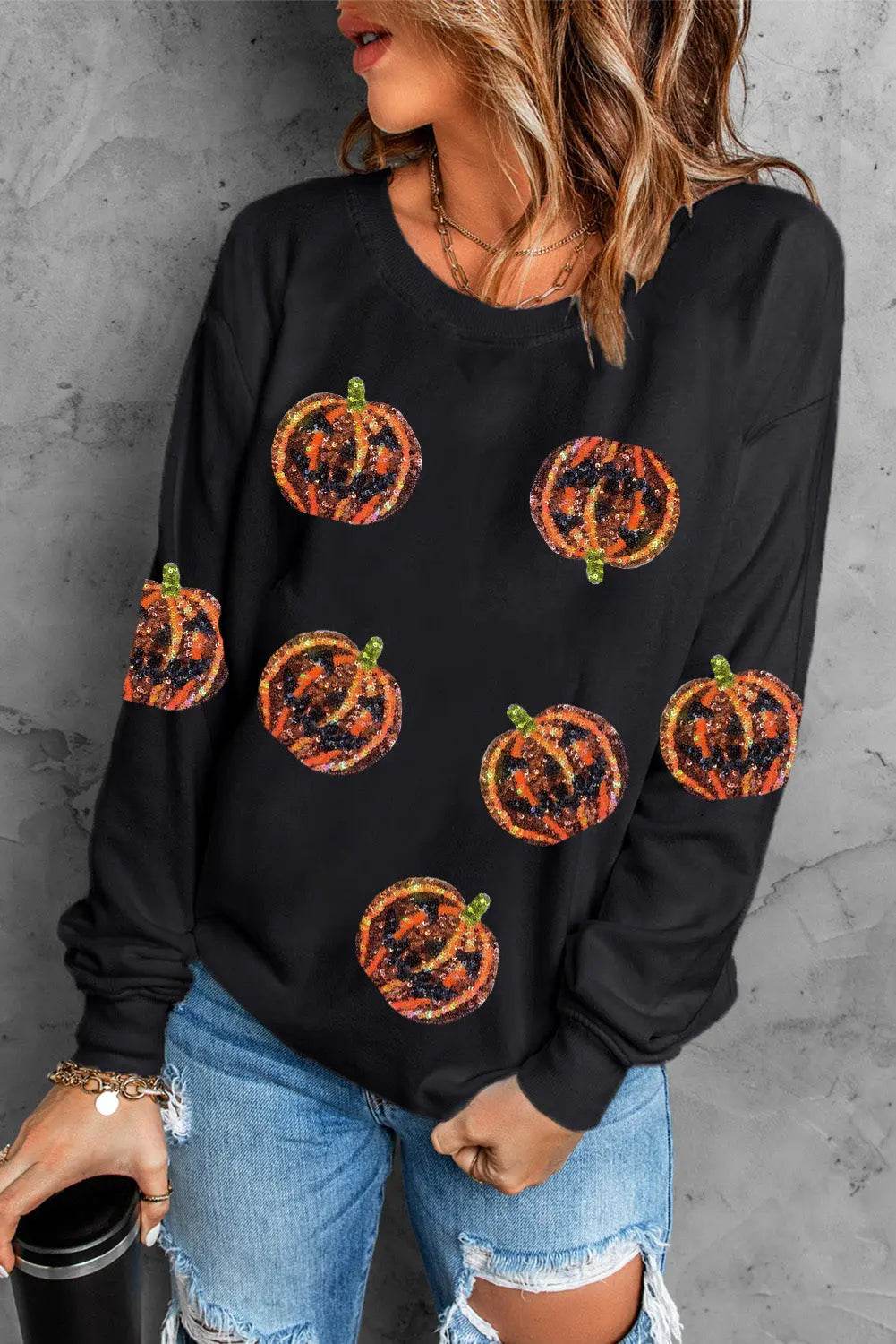Pumpkin Dropped Shoulder Sweatshirt - ELY VESSA LLC
