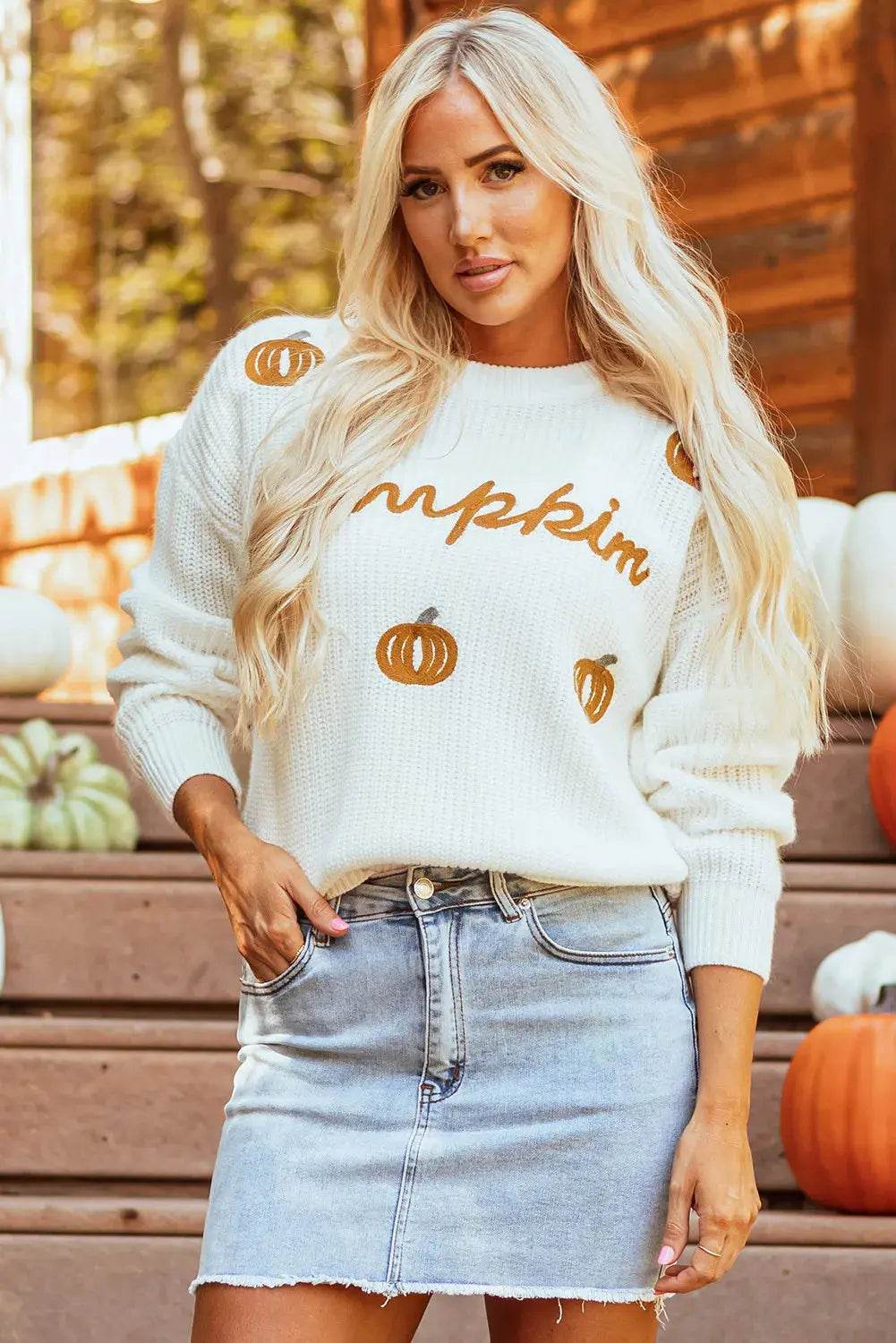 Pumpkin Embroidery Long Sleeve Sweater - ELY VESSA LLC