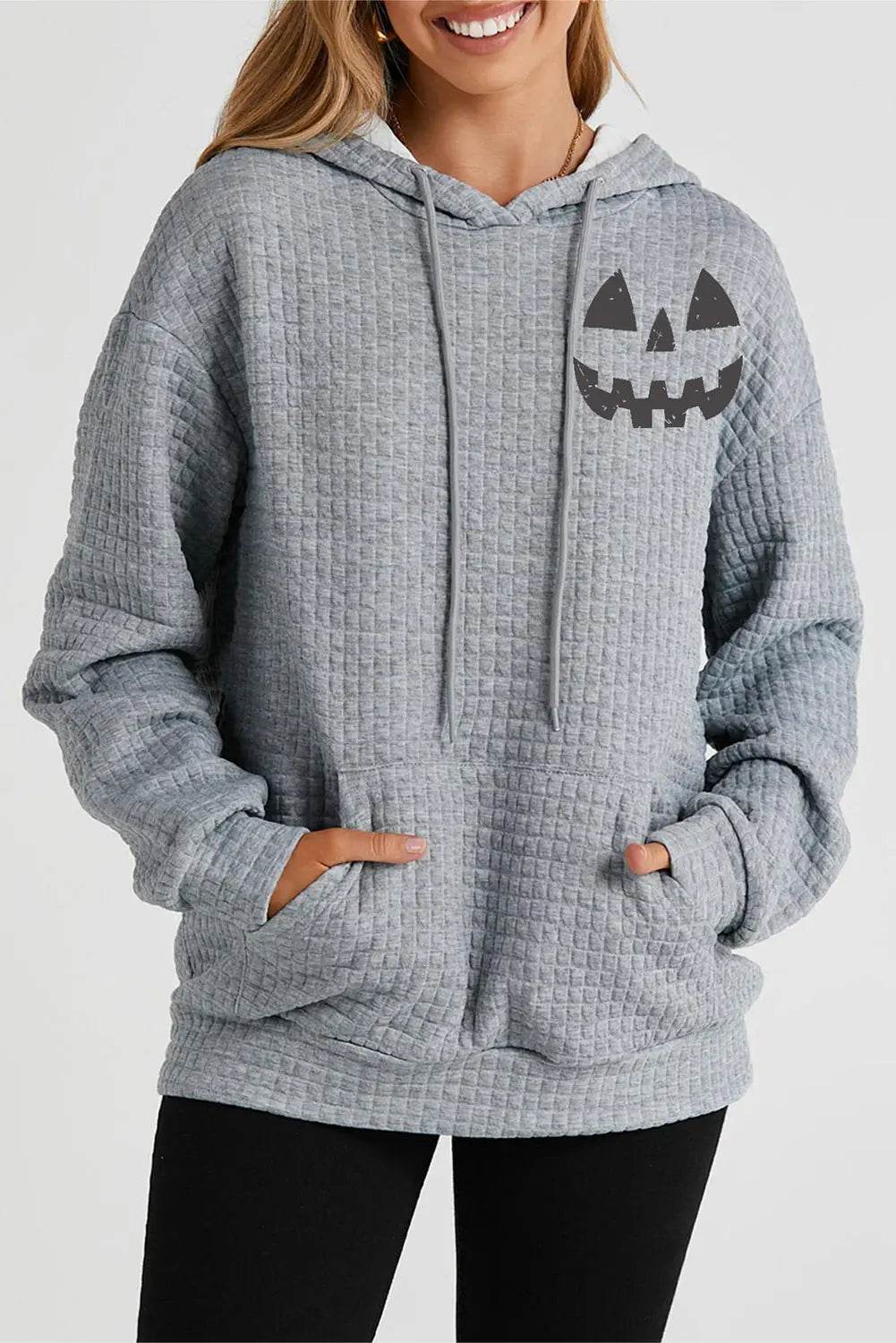 Pumpkin Face Graphic Drawstring Hoodie with Pocket - ELY VESSA LLC