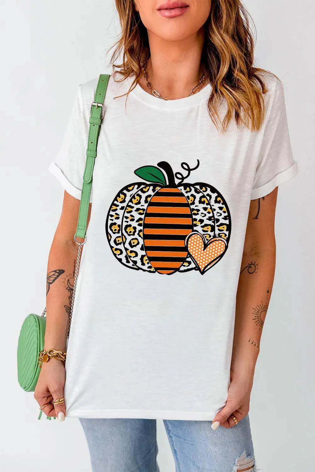 Pumpkin Graphic Round Neck Short Sleeve T-Shirt - ELY VESSA LLC