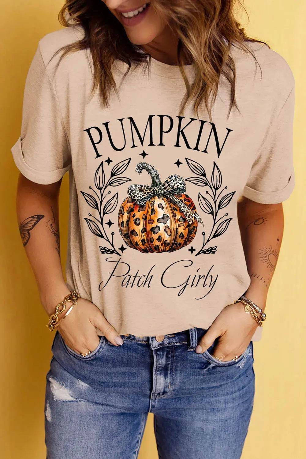 Pumpkin Graphic Round Neck Short Sleeve T-Shirt - ELY VESSA LLC
