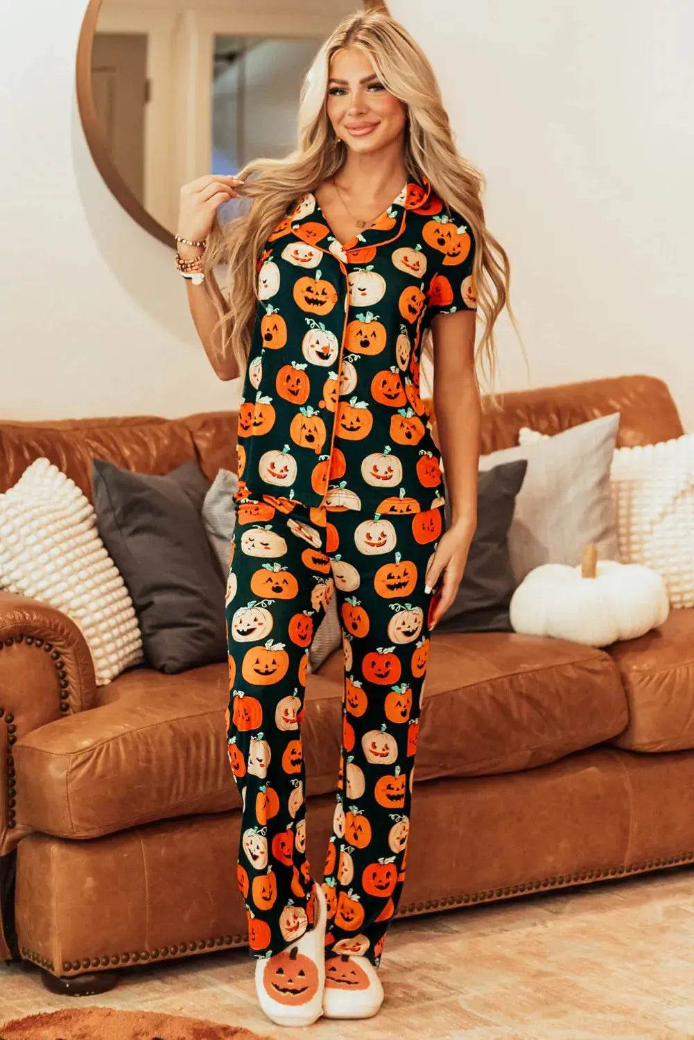 Pumpkin Printed Short Sleeve Top and Pants Lounge Set - ELY VESSA LLC