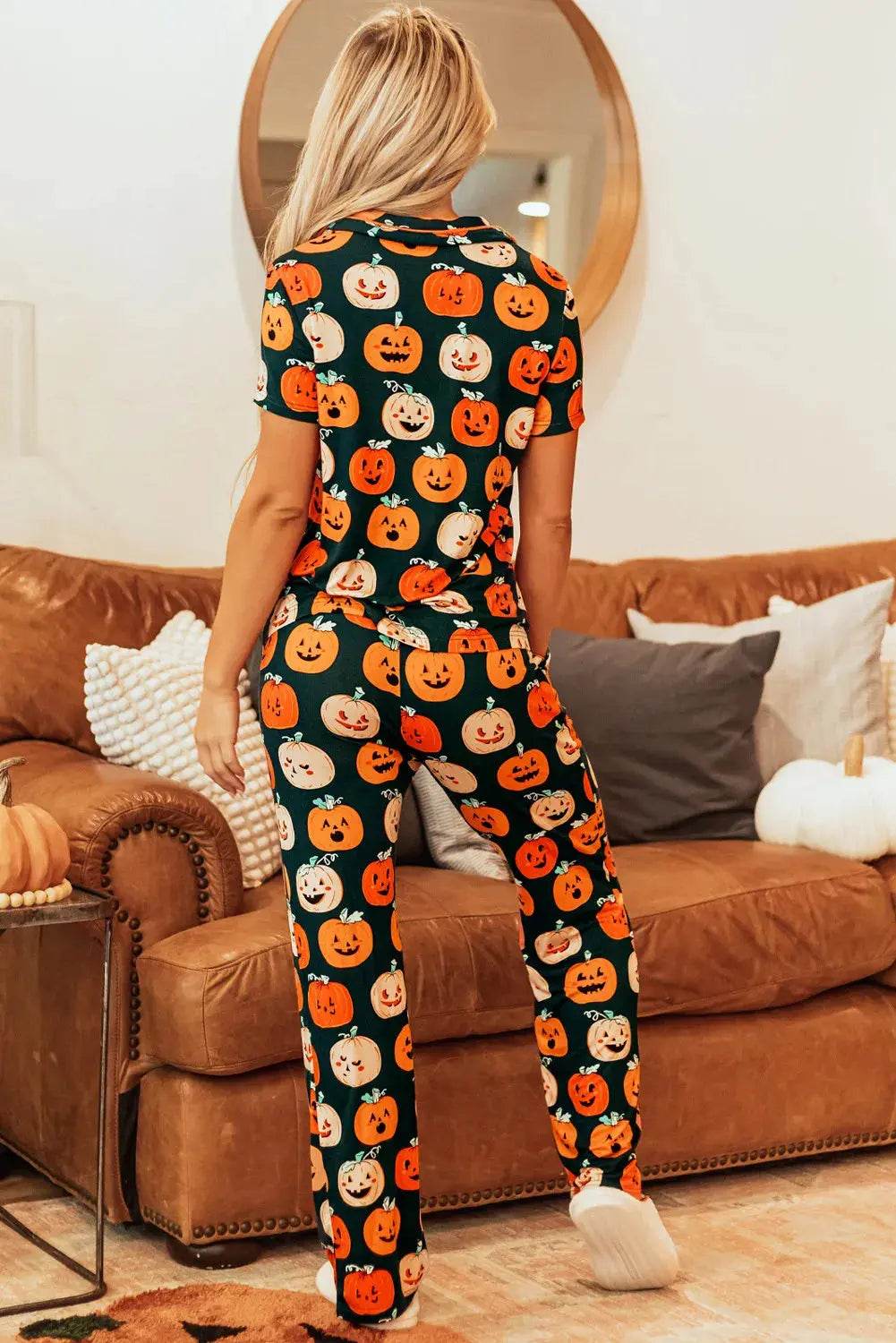 Pumpkin Printed Short Sleeve Top and Pants Lounge Set - ELY VESSA LLC