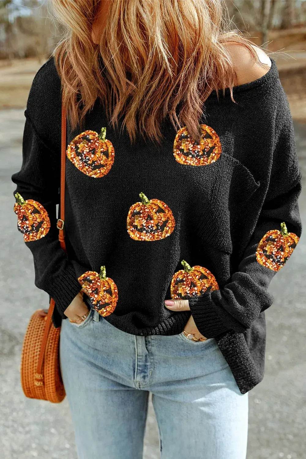 Pumpkin Round Neck Long Sleeve Knit Top - ELY VESSA LLC