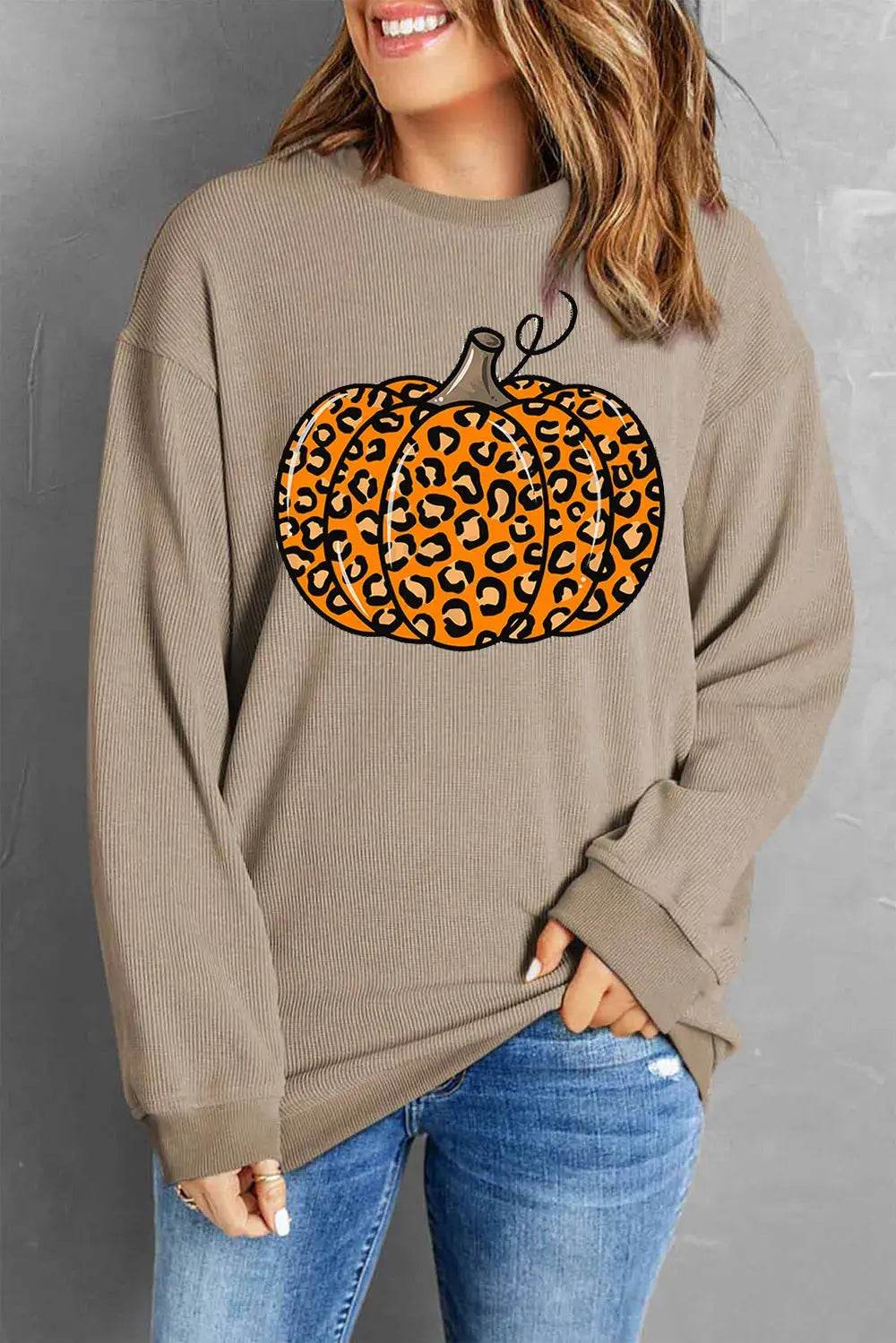 Pumpkin Round Neck Long Sleeve Sweatshirt - ELY VESSA LLC