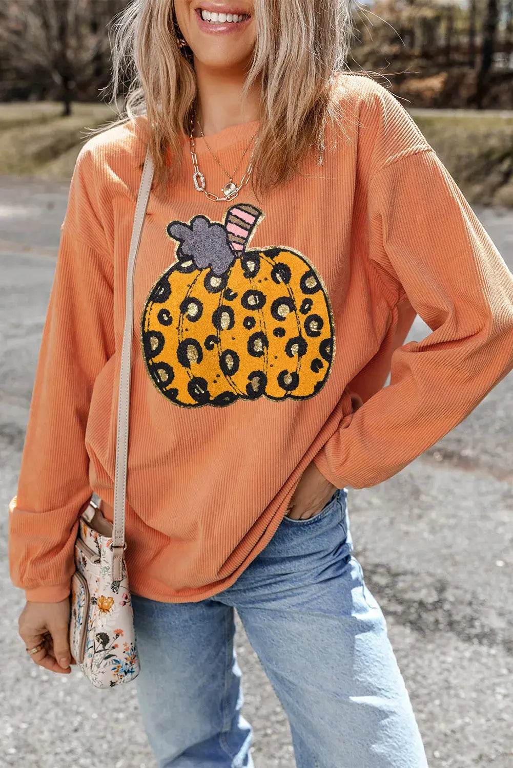 Pumpkin Round Neck Long Sleeve Sweatshirt - ELY VESSA LLC