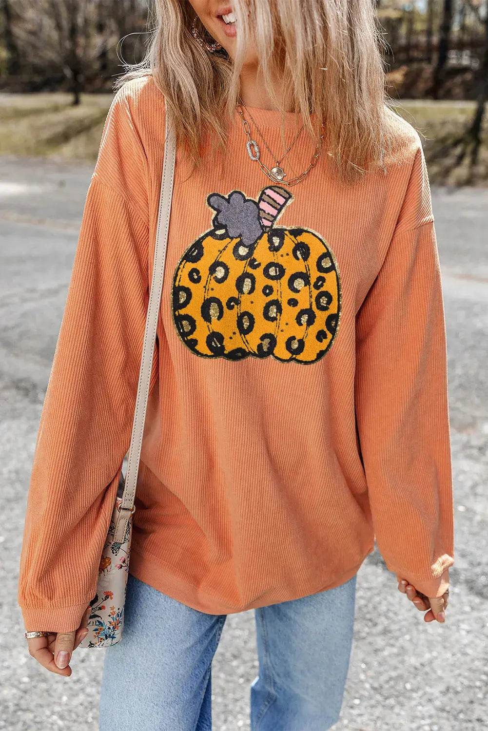 Pumpkin Round Neck Long Sleeve Sweatshirt - ELY VESSA LLC