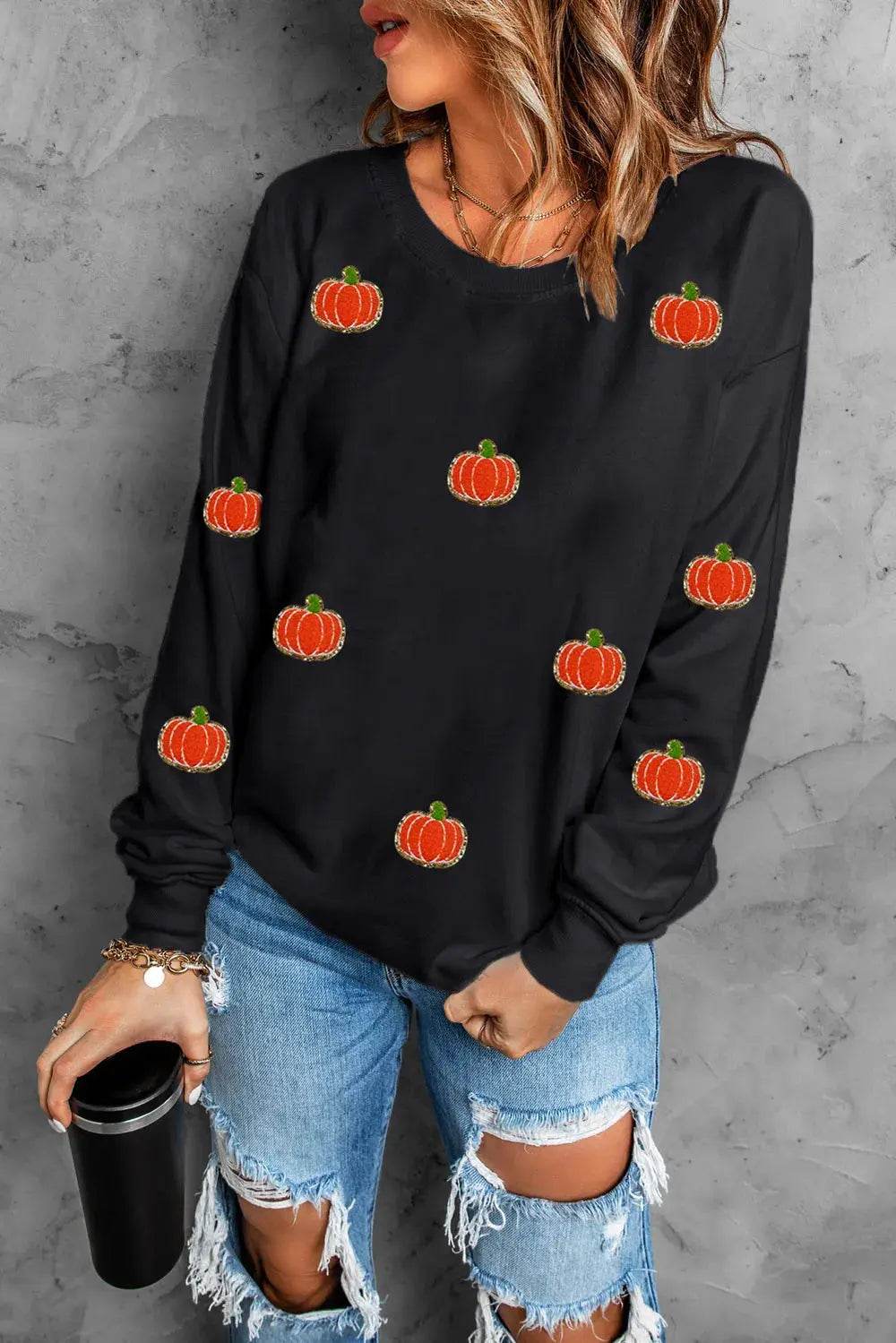 Pumpkin Round Neck Long Sleeve Sweatshirt - ELY VESSA LLC