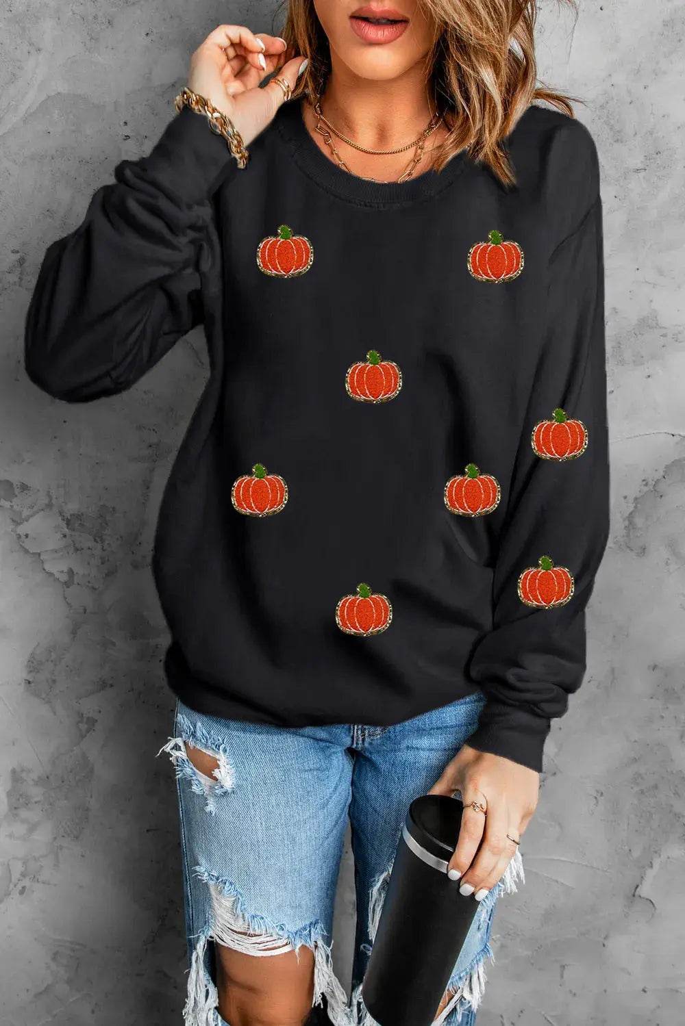 Pumpkin Round Neck Long Sleeve Sweatshirt - ELY VESSA LLC