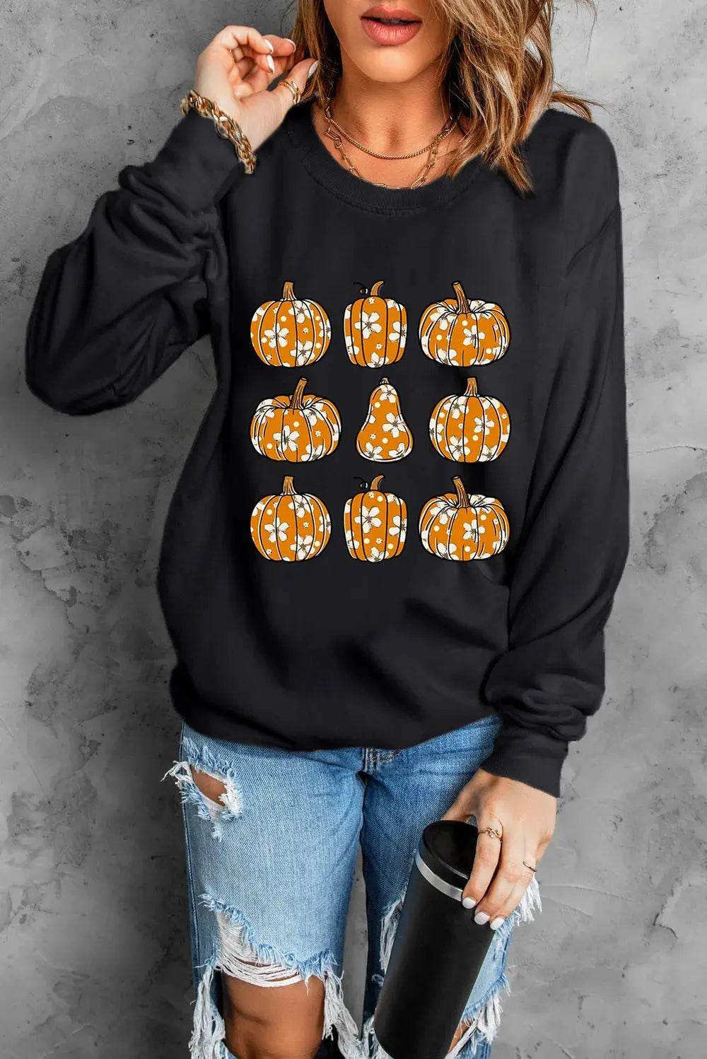 Pumpkin Round Neck Long Sleeve Sweatshirt - ELY VESSA LLC