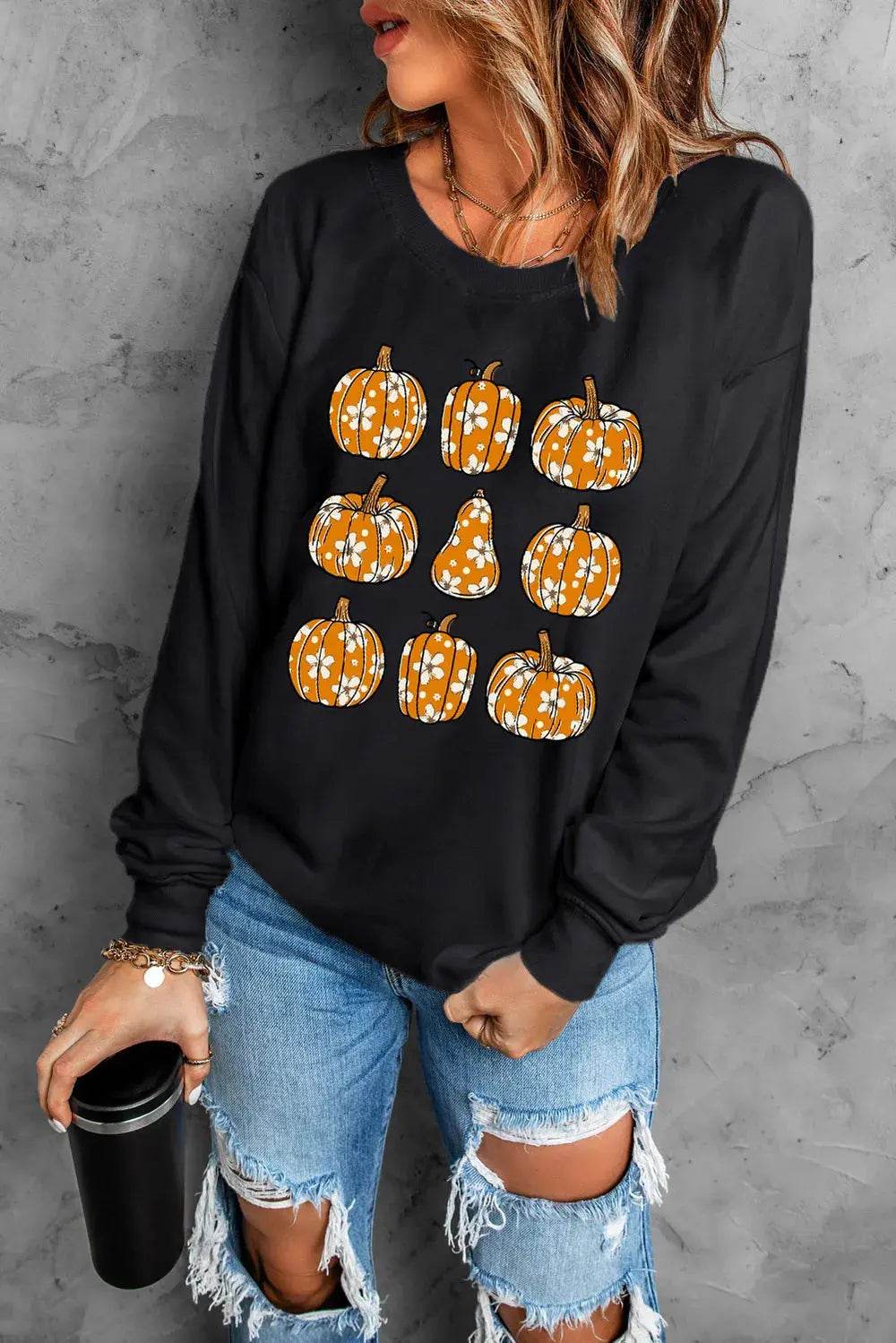 Pumpkin Round Neck Long Sleeve Sweatshirt - ELY VESSA LLC